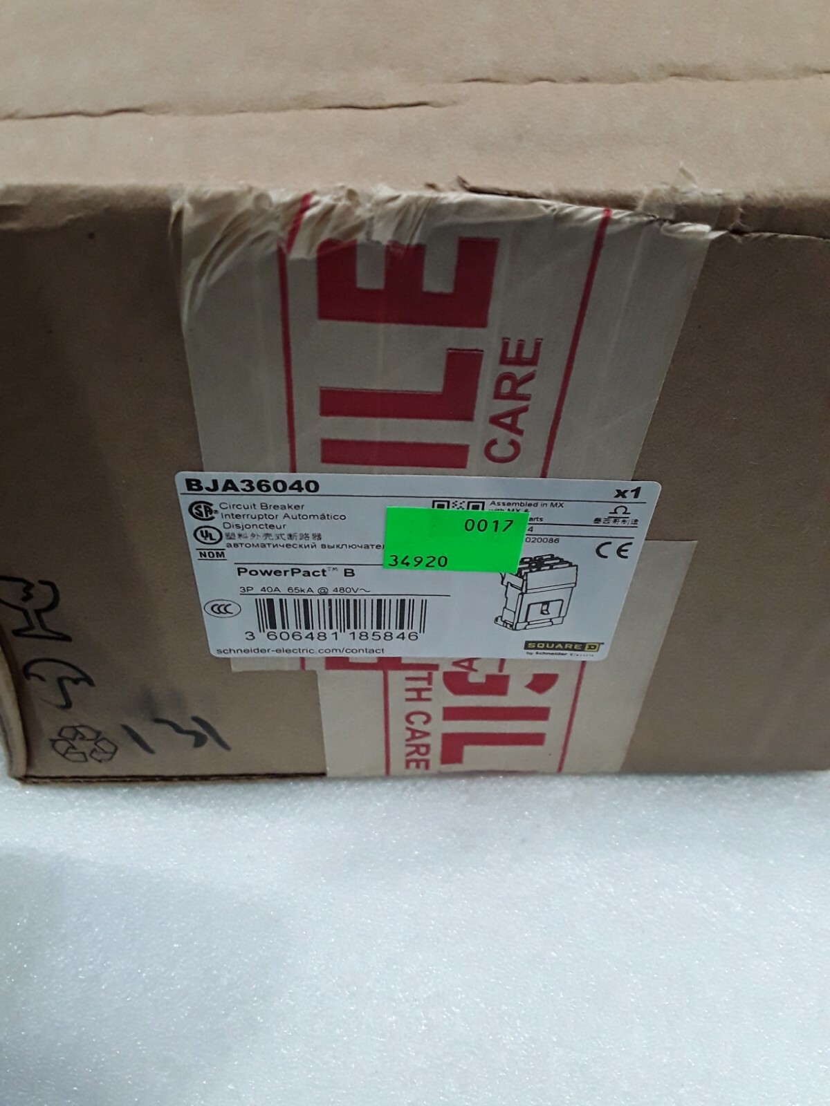 BJA36040 SQUARE D 3 POLE 40 AMP 65KA 600V POWERPACT CIRCUIT BREAKER NEW