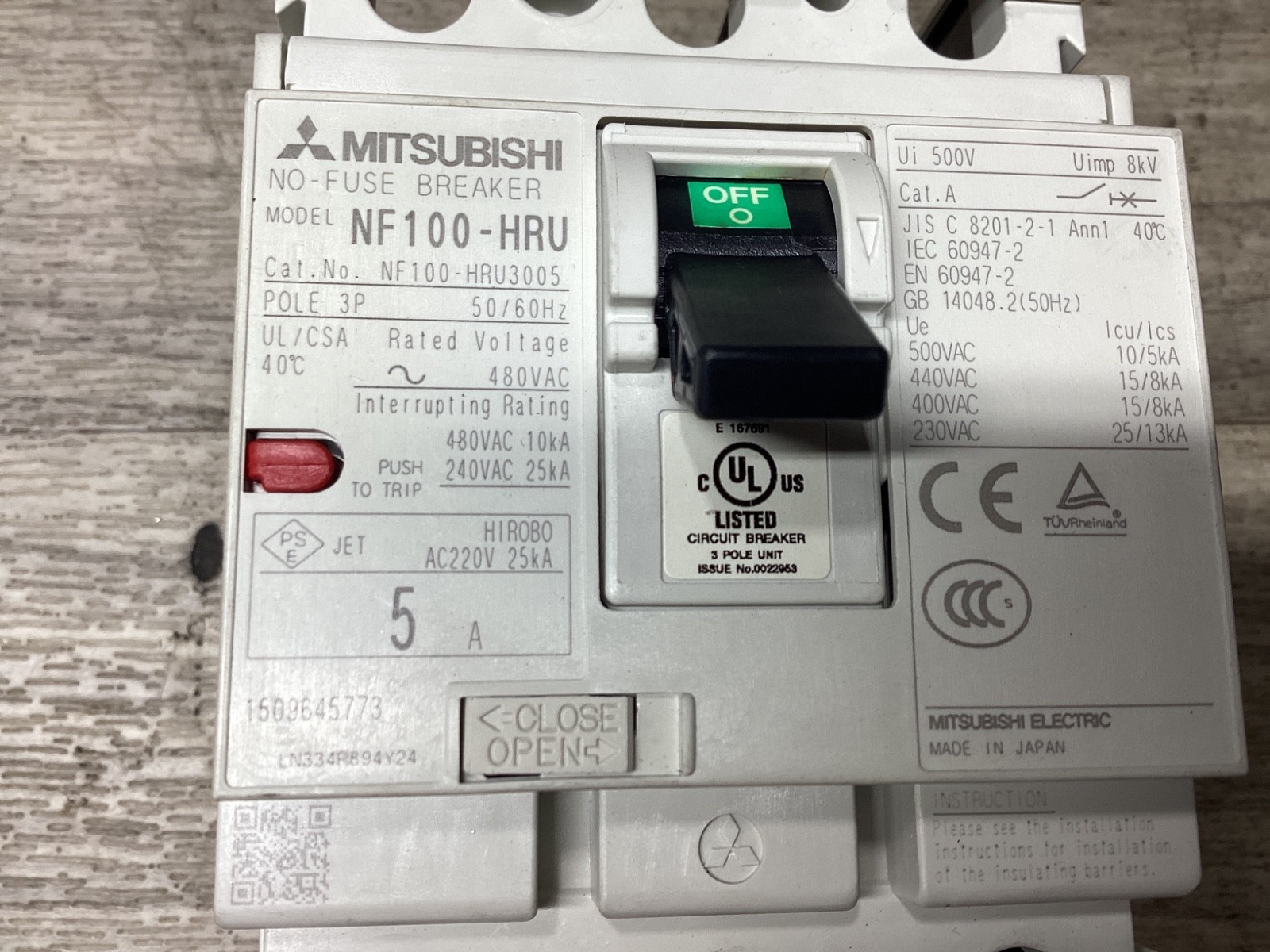 MITSUBISHI NF100-HRU 5 AMP 5A 3-POLE CIRCUIT BREAKER #109A161PR2