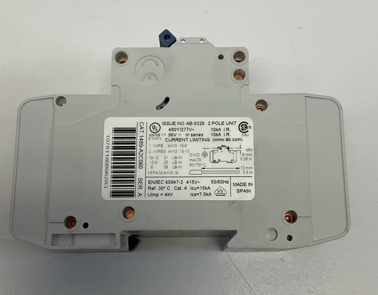 Allen Bradley 1489-A2C060 2-Pole, 6A DIN Mount Circuit Breaker 277VAC, 48VDC