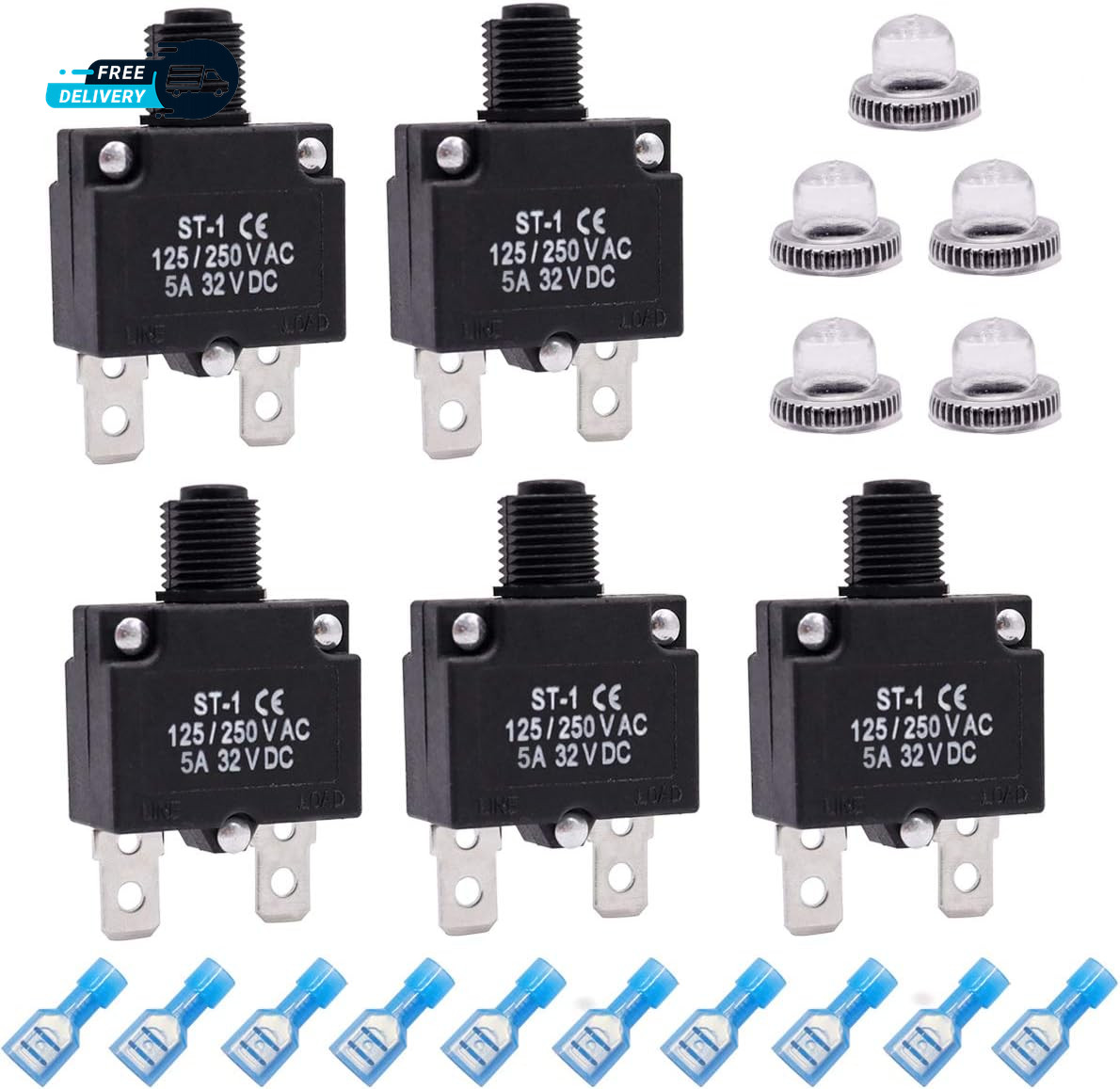 5Pcs 5Amp Circuit Breakers Push Button Manual Reset 125/250V AC 32V Dc