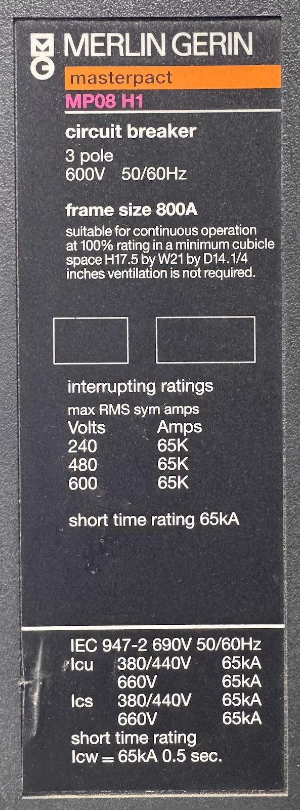 Merlin Gerin MP08H1 3P 800 Amp MasterPact Breaker (No Controls)