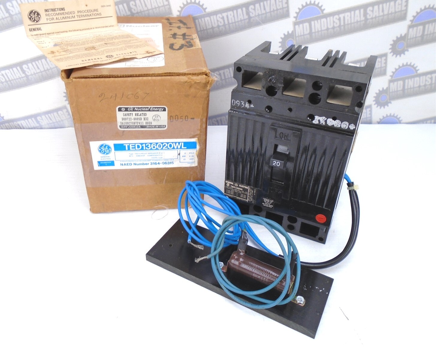 GE – TED136020WL – 20A, 3 Pole, 240-600 VAC – w/EXTERNAL RESISTOR 20k Ω 25W