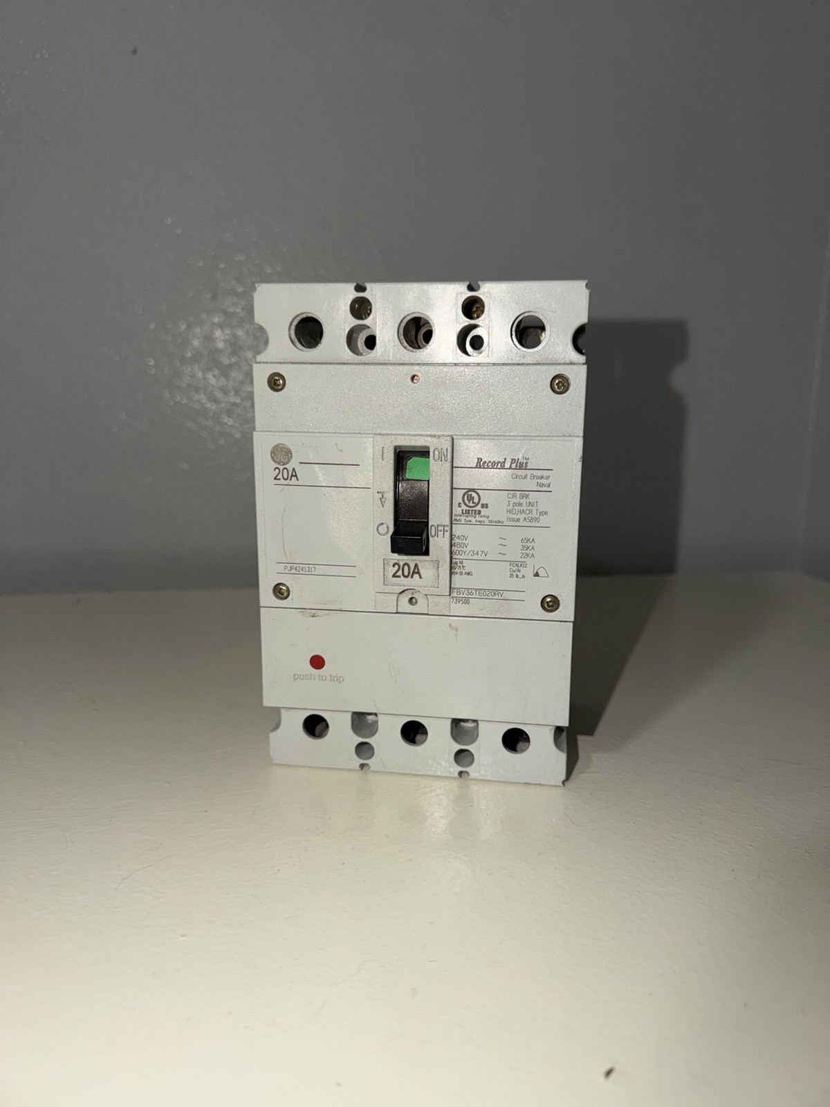 GE FBV36TE020RV Circuit Breaker, 3-Pole 20A 600y/347v 35kA@480V