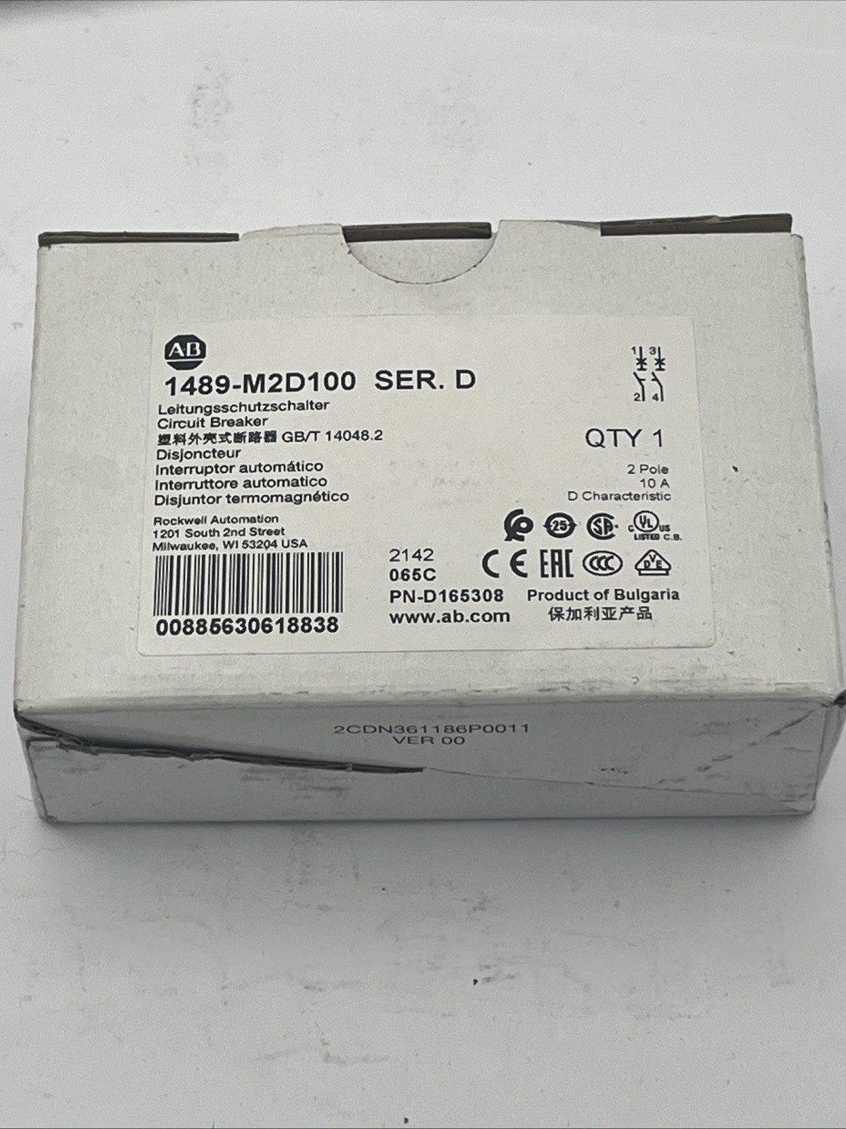 Allen-Bradley 1489-M2D100 10A 2-Pole Miniature Circuit Breaker Trip Curve D NEW