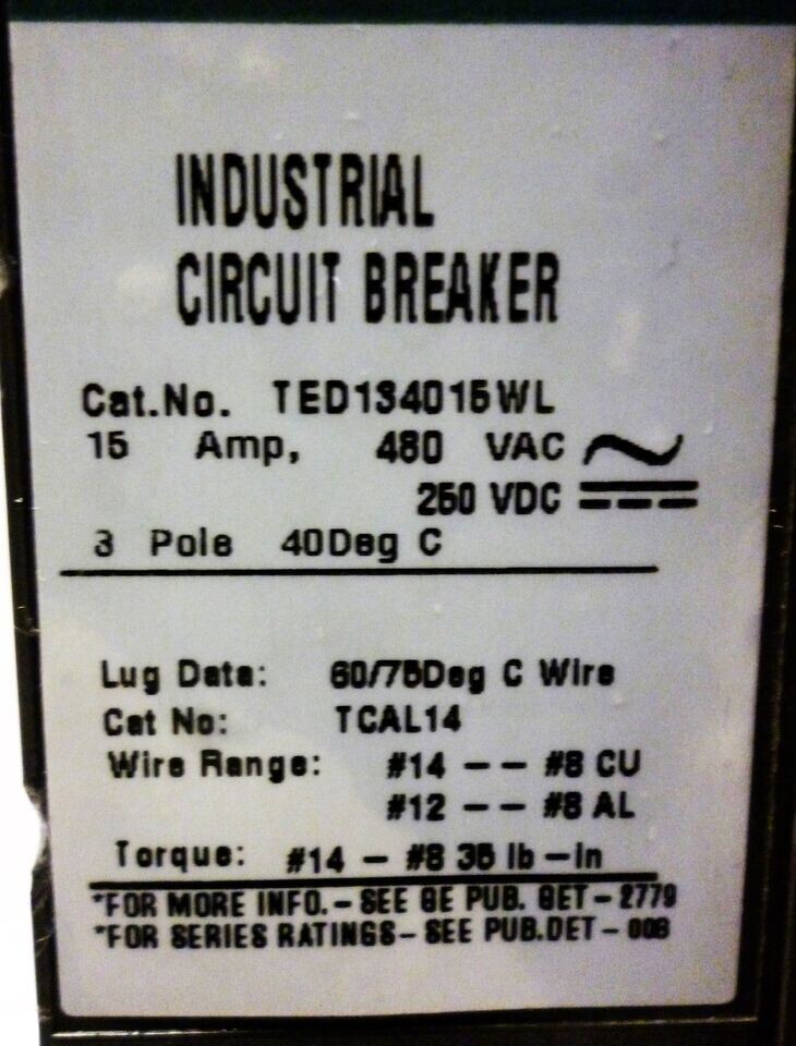 NEW GENERAL ELECTRIC/ABB TED134015WL Circuit Breaker 15 AMP 14KAIC@480V