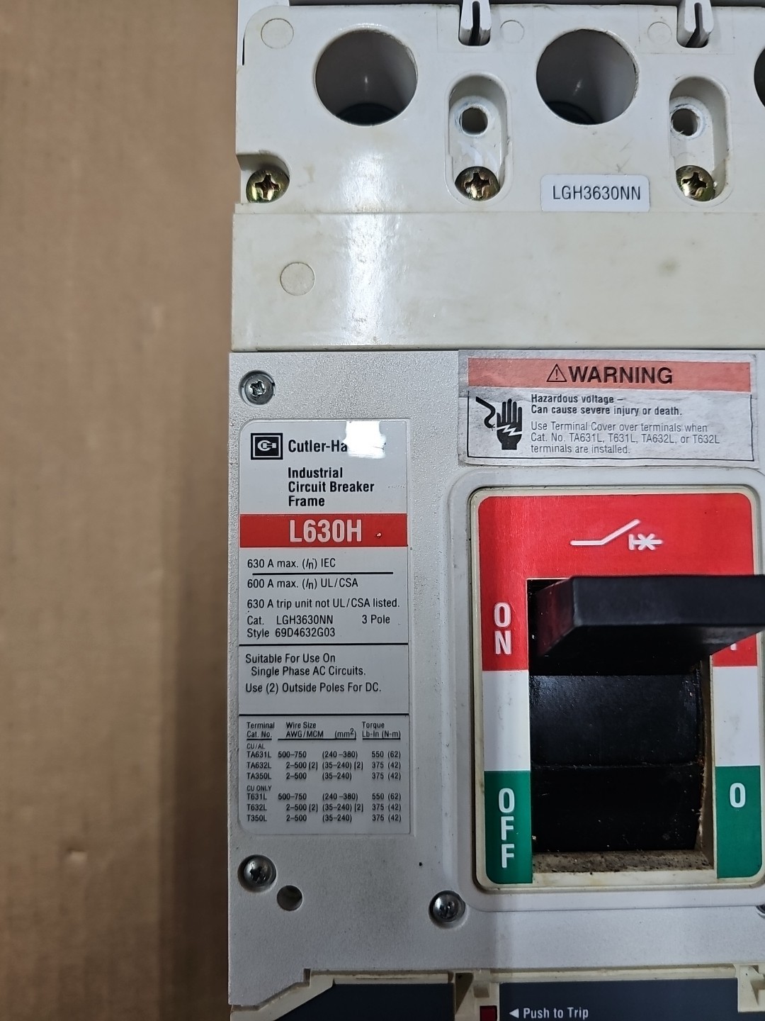Cutler Hammer LGH3630NN 3 Pole 600 Amp 690 Vac Breaker