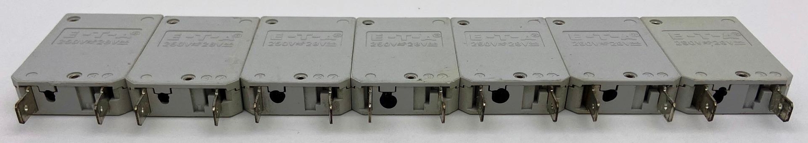 Qty 7 Assorted, E-T-A 12-P10-H-KF Resettable Circuit Breakers, 250VAC, 28VDC ETA