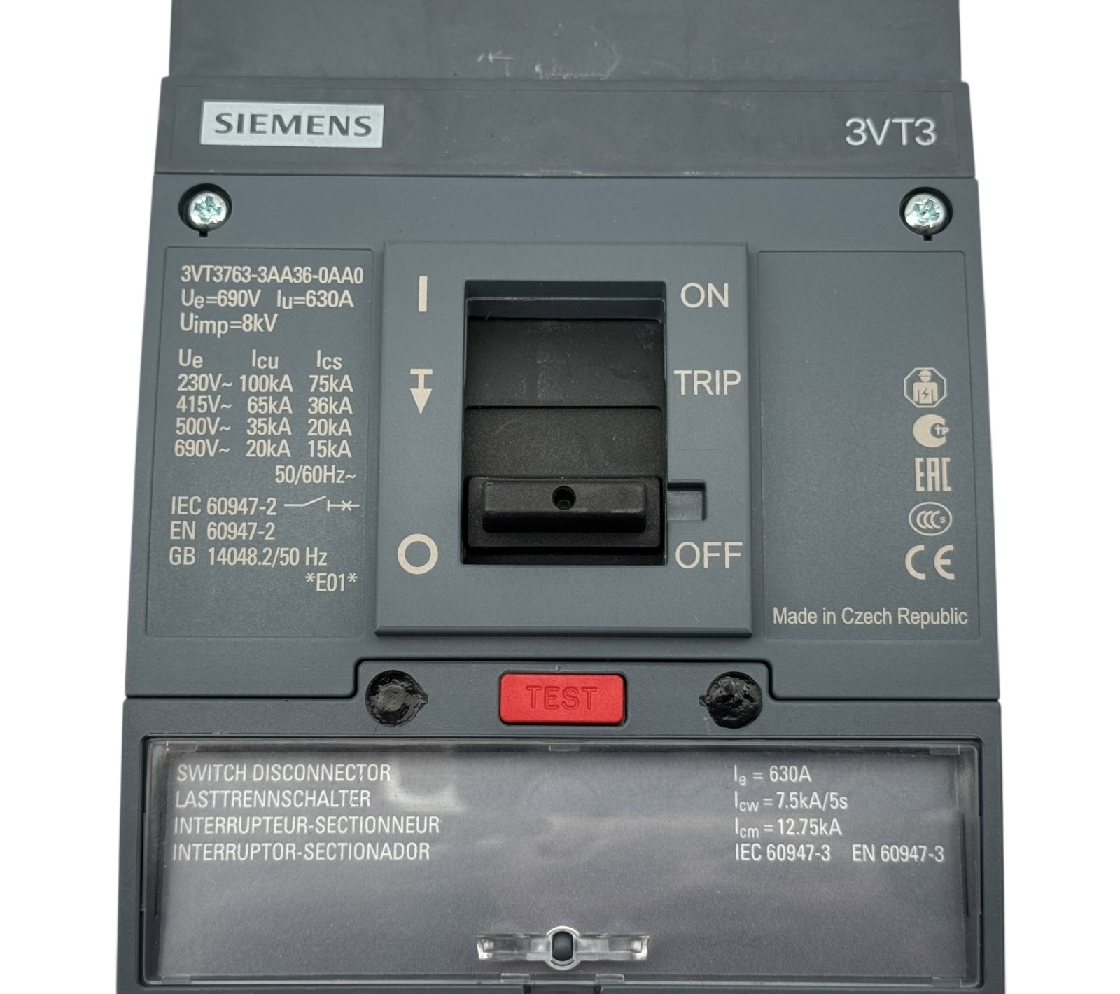 Siemens 3VT3763-3AA36-0AA0 E:01 compact circuit breaker -unused/original packaging-