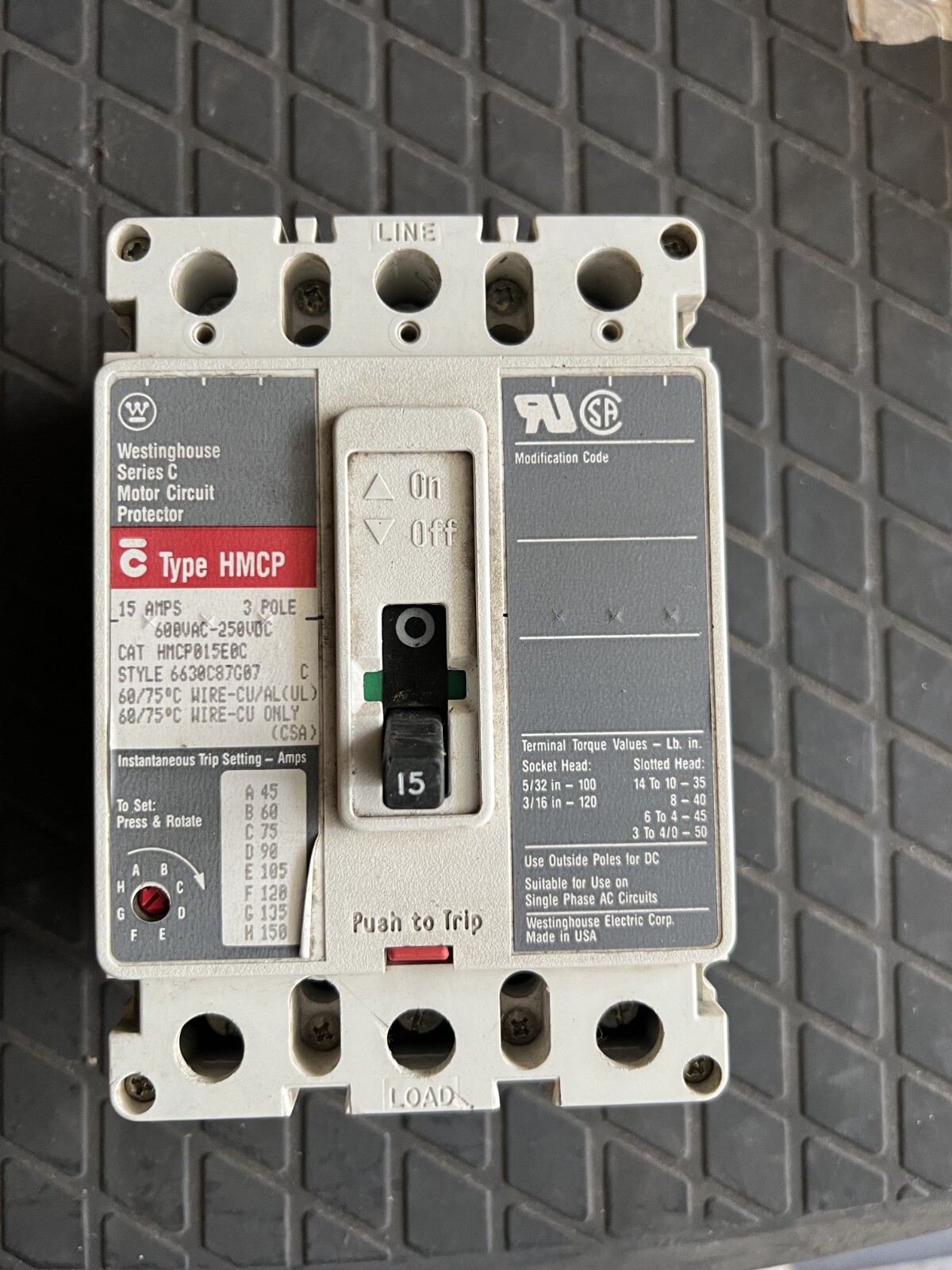 Eaton Cutler-Hammer HMCP015E0C 15 Amp 3-Pole Motor Circuit Protector 600V