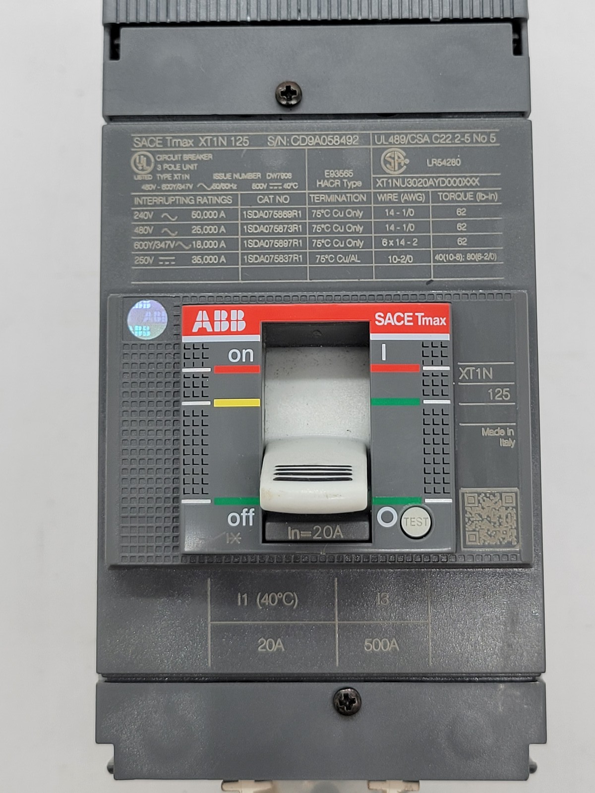 ABB XT1NU3020AYD000XXX Sace Tmax Circuit Breaker 20A 3P 600V XT1N 125