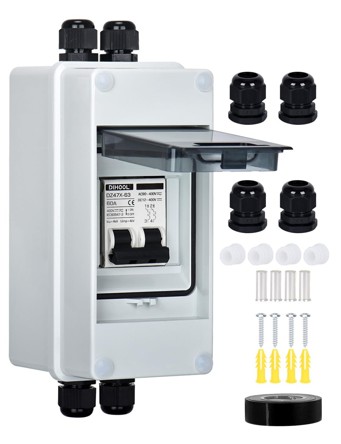 AC DC Circuit Breaker with IP65 Din Box for Solar Systems, 60 Amp 2 Pole 12V-…