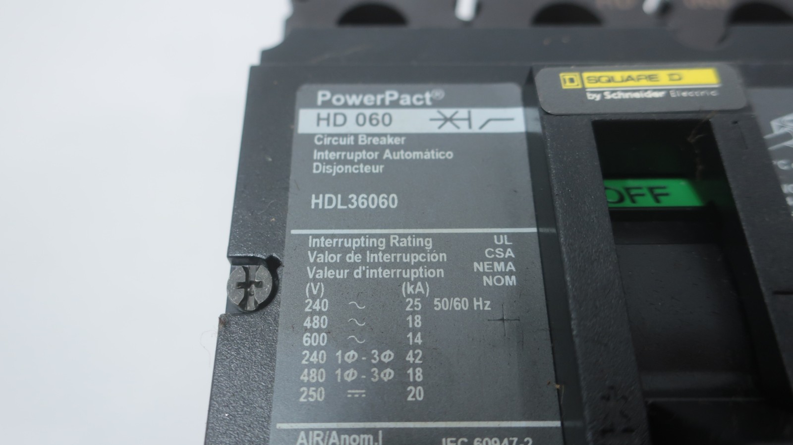 Square D HDL36060 Powerpact Molded Case Circuit Breaker 240/480/600v-ac 3p 60a