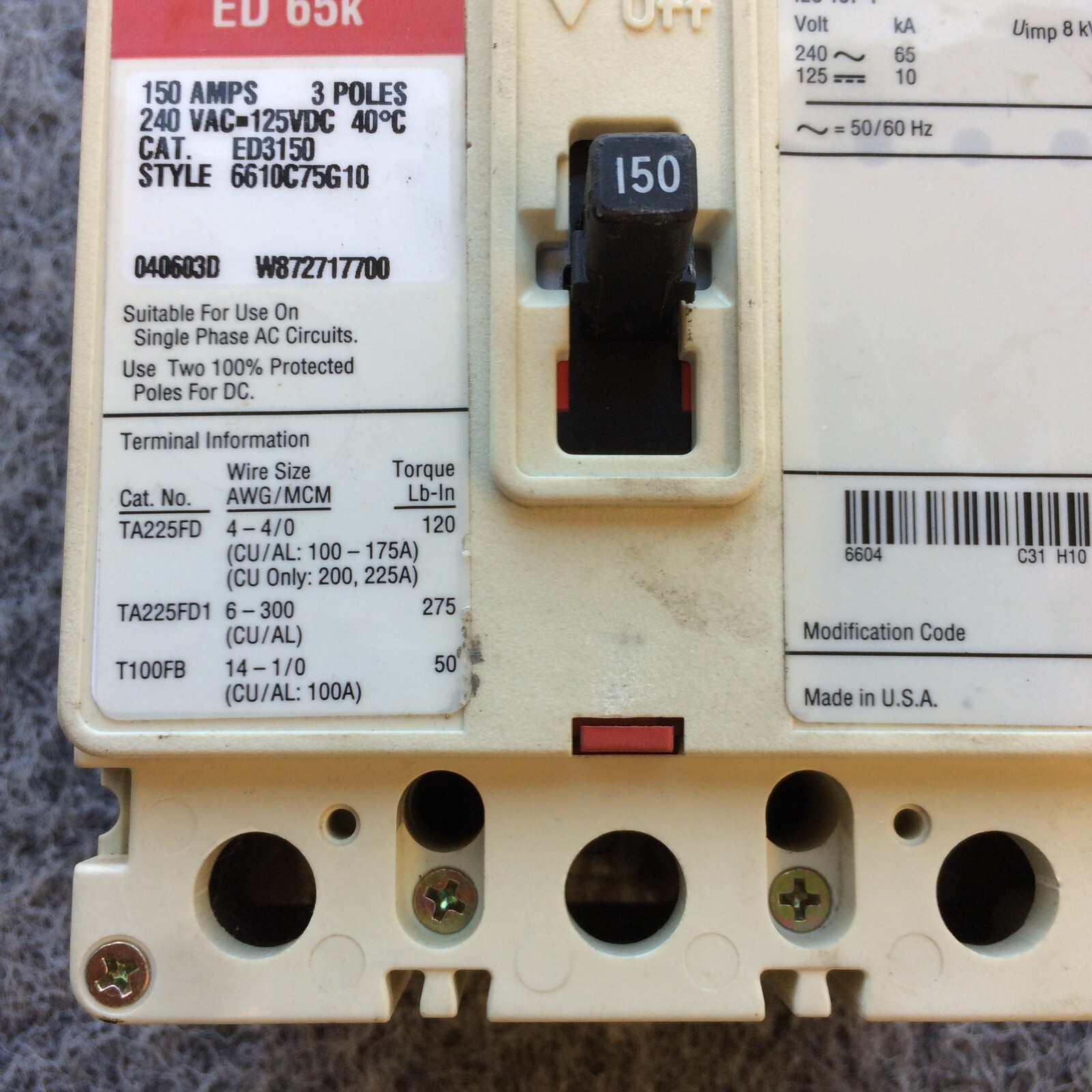 Eaton / Cutler-Hammer ED3150 3 Pole Circuit Breaker 150 Amp ED 65k