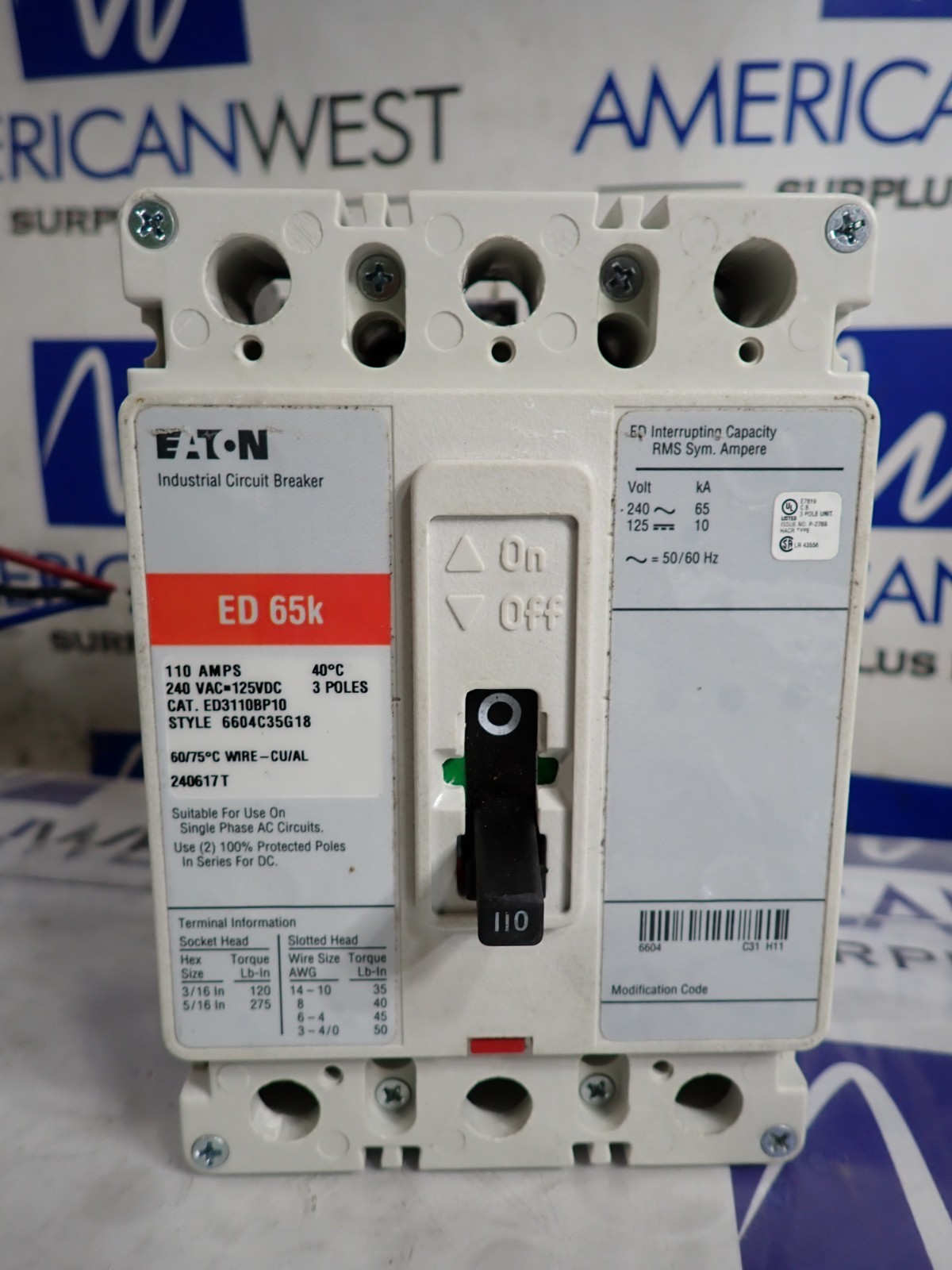 New Take Out Eaton ED3110 3p 110 amp 65kA 240v Breaker Red Label w/ A1X1PK Aux