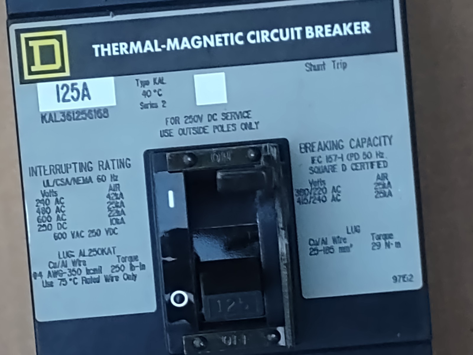 Square D KAL361256168 125A 3P Thermal-Magnetic Circuit Breaker Shunt Trip