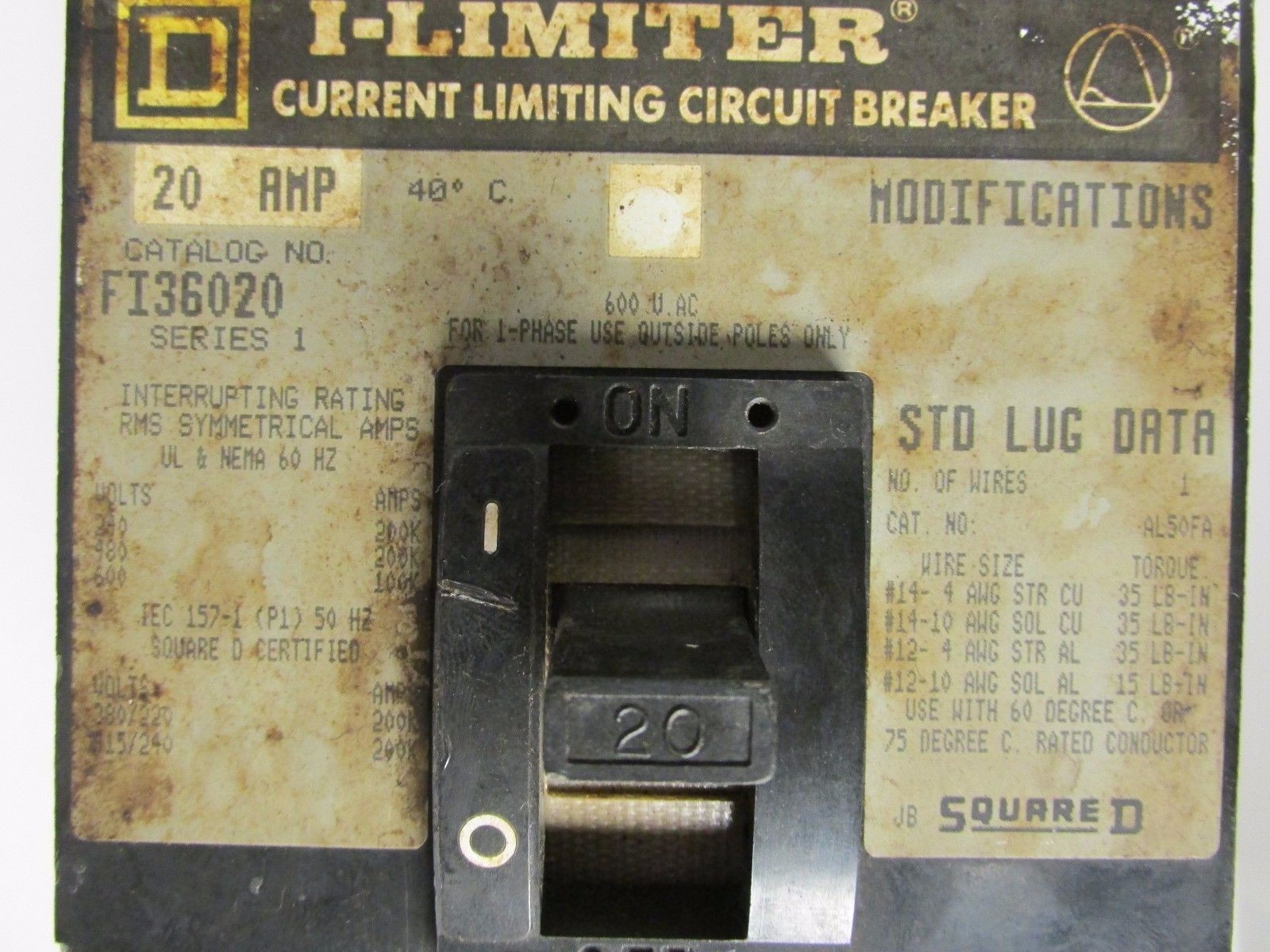 * Square D 20A CIRCUIT BREAKER FI36020 I-Limiter ……………… UC-09