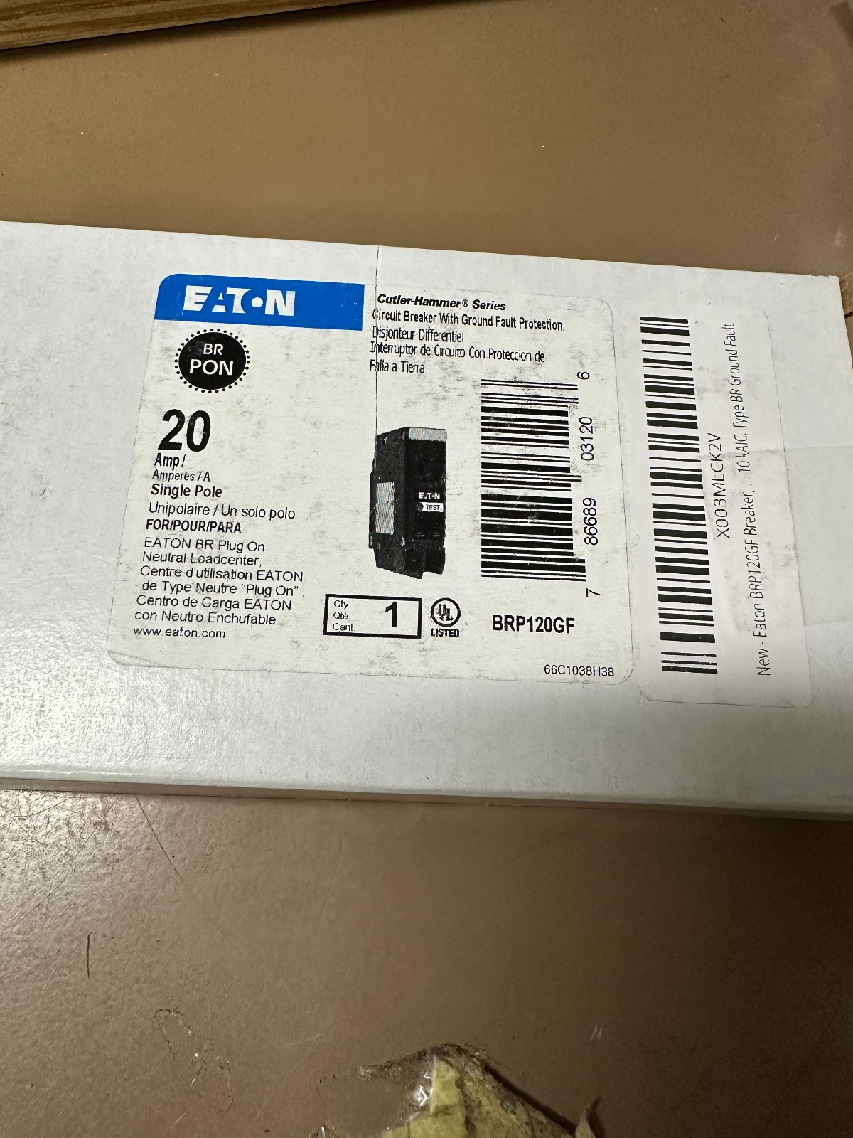 Eaton BRP120GF 20 Amp Single Pole 120V Plug-On Neutral GFCI Ground Fault Circuit