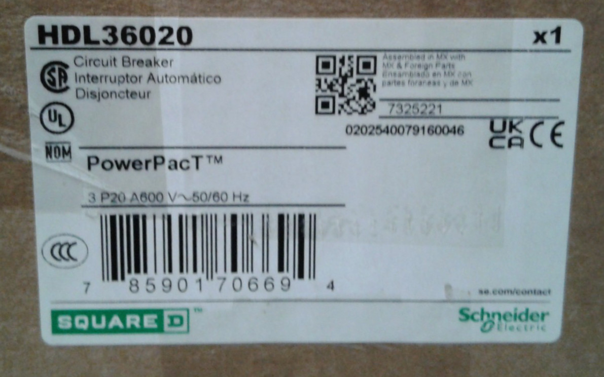 Square D HDL36020 PowerPact Circuit Breaker – Factory Sealed Box