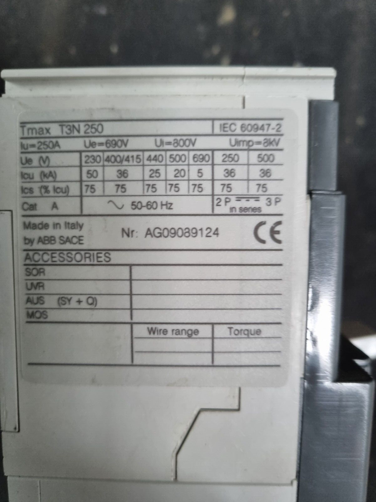 ABB TMAX T3N250 CIRCUIT BREAKER (R1S6.5)