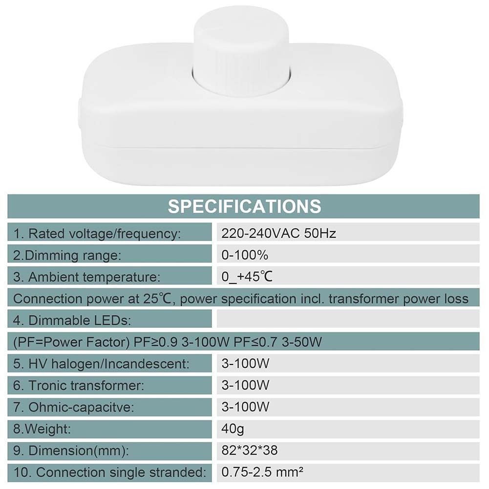 1pc LED Dimmer Switch,220V-240V Push ON/OFF Rotary Dimming,Inline Dimmer Switch