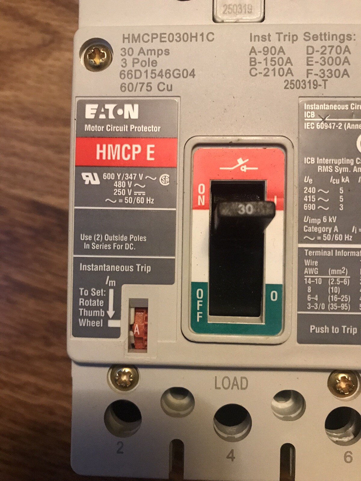 Eaton Breaker Type HMCPE 30 AMP,480VAC/250VDC 600Y/347VAC 3 Pole, 2 Available