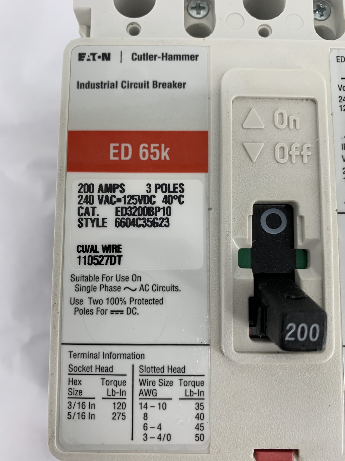 Eaton Cutler-Hammer ED3200 200A 3P 240VAC 125VDC Molded Case Circuit Breaker
