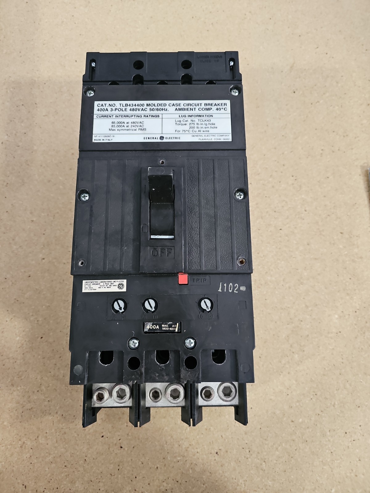 GE 400 Amp Circuit Breaker 3 Pole 480 VAC TLB434400 MAG ADJ MADE IN ITALY TESTED