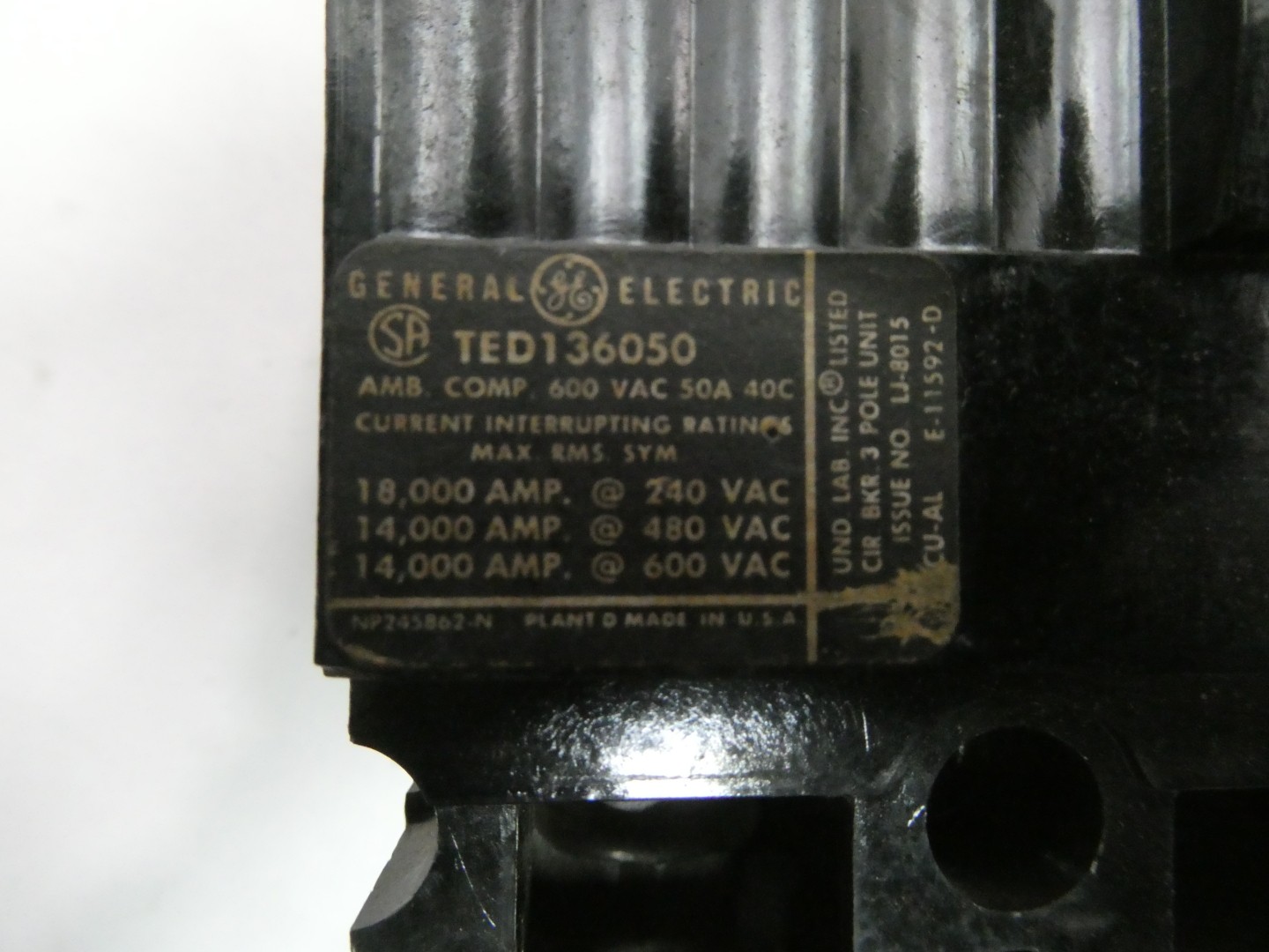 General Electric Ge TED136050 Molded Case Circuit Breaker 240/480/600v-ac 3p 50a
