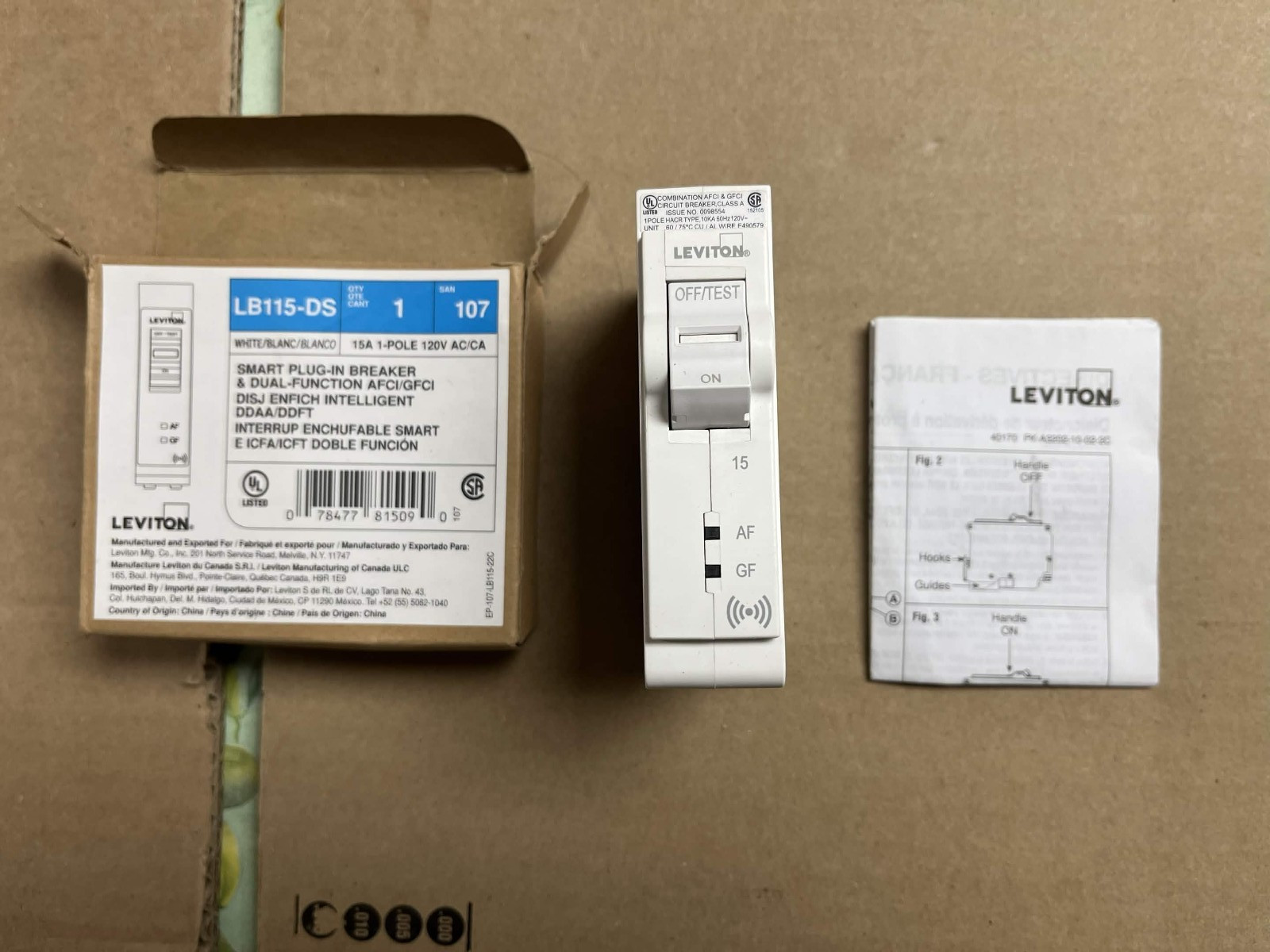New Open Box Leviton LB115-DS 15 Amp 1-Pole Smart Dual Function AFCI/GFCI Breake