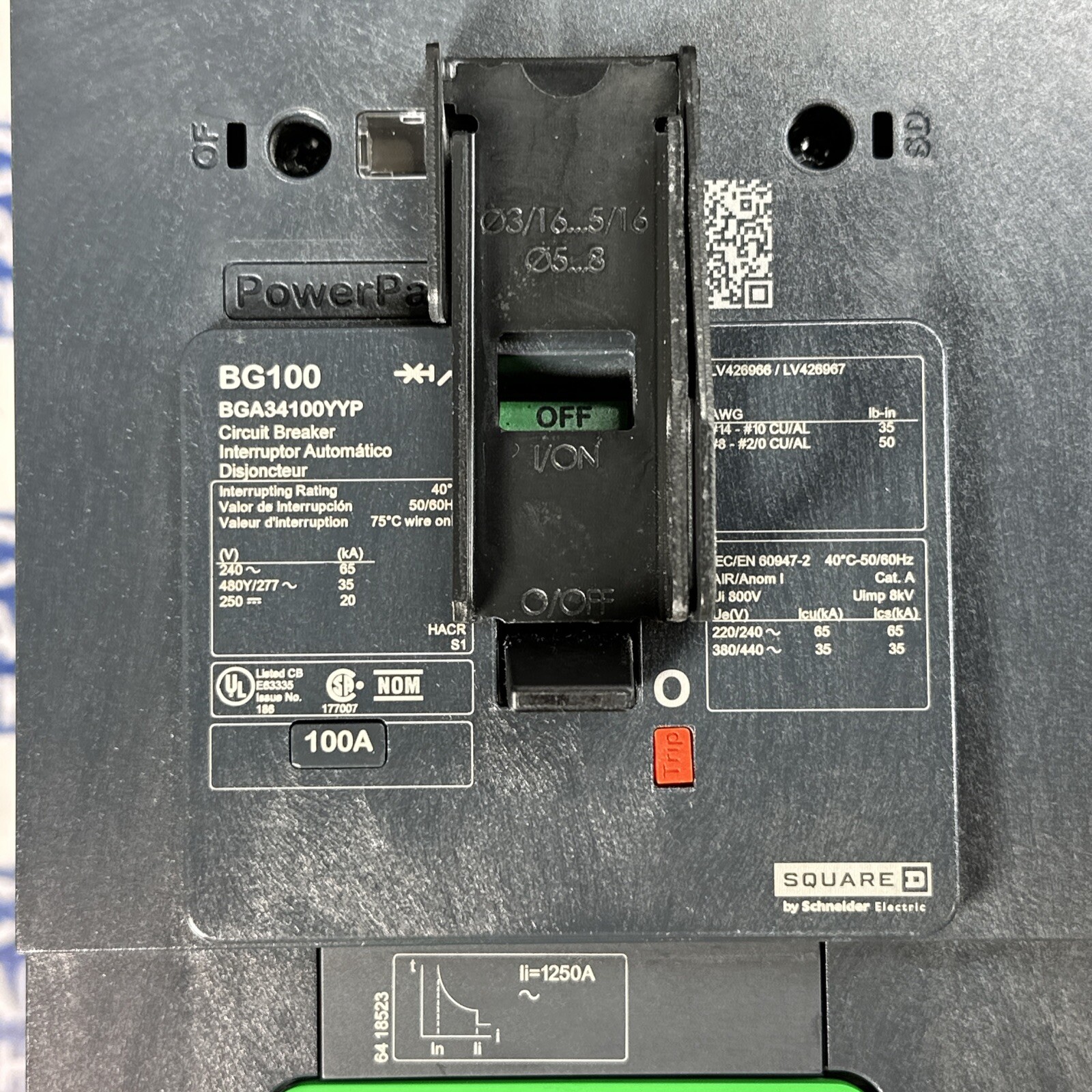 Square D BGA34100YYP 100 Amp 480V 3 Pole Circuit Breaker-Warranty (New Take Out)