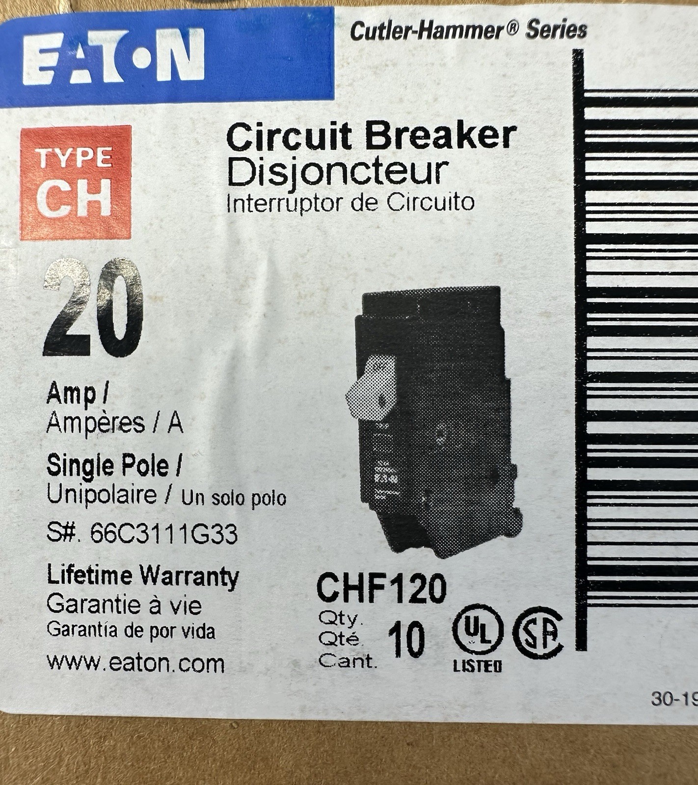 Lot of 7 Eaton Cutler Hammer CHF120 20 Amp Single Pole Breakers – New