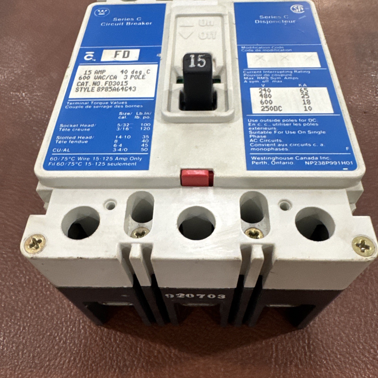 WESTINGHOUSE FD3015L SERIES C INDUSTRIAL CIRCUIT BREAKER 15 AMPS 600 VAC 3P