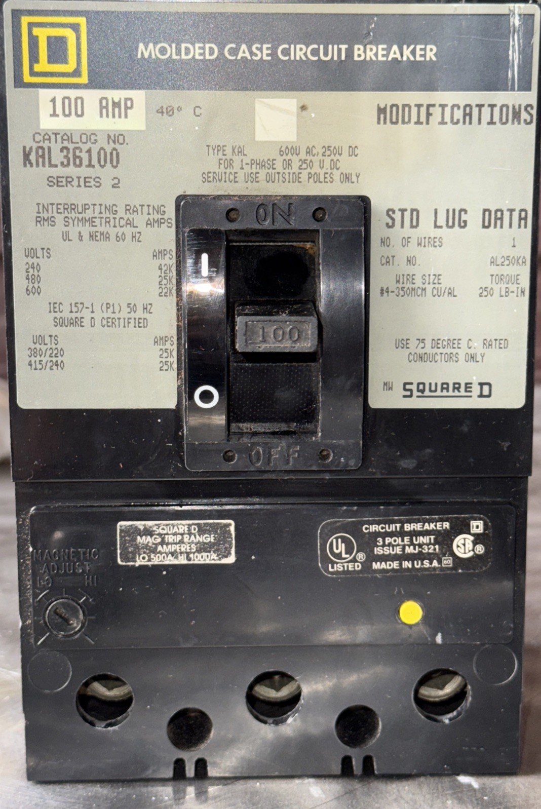 Square D KAL36100 3 Pole 600V 100A Circuit Breaker KAL