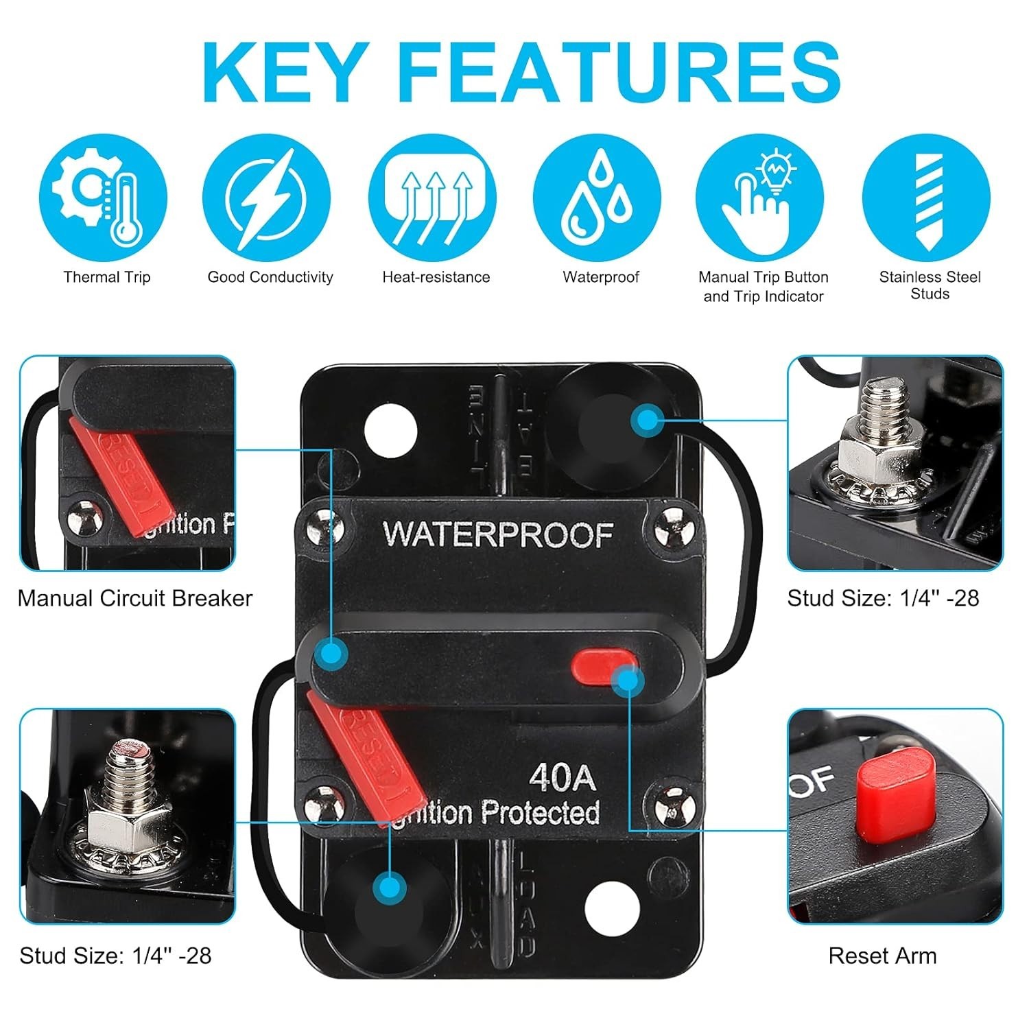 Universal 40 AMP Inline Circuit Breaker for DC Audio System Overload Protection