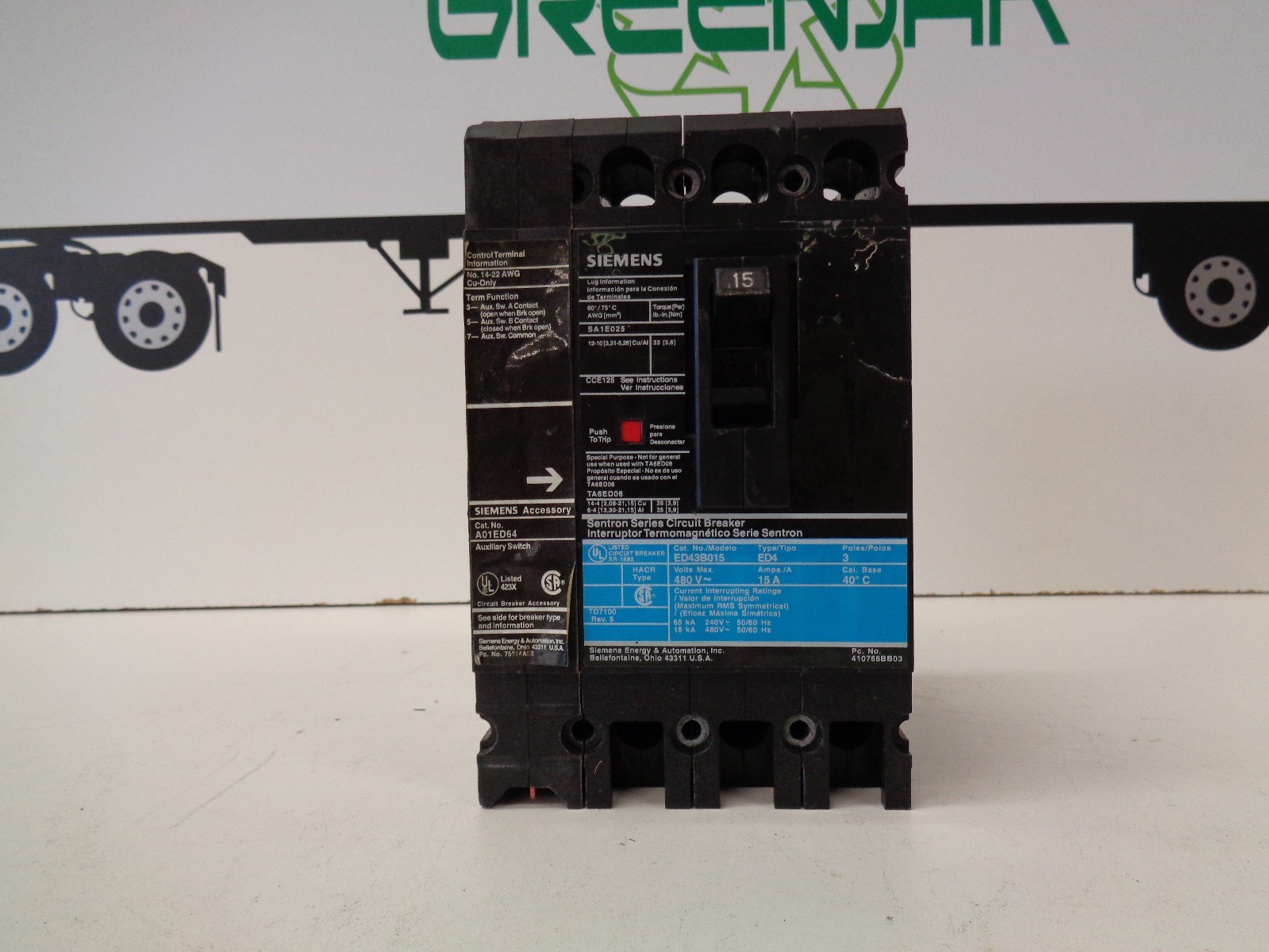 SIEMENS ED43B015 CIRCUIT BREAKER 15A W/ AUX SWITCH A01ED64 – USED – FREE SHIP