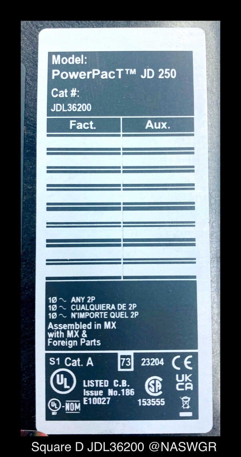 Square D JDL36200 Molded Case Circuit Breaker – 200 Amp – Unused/1Yr Warranty