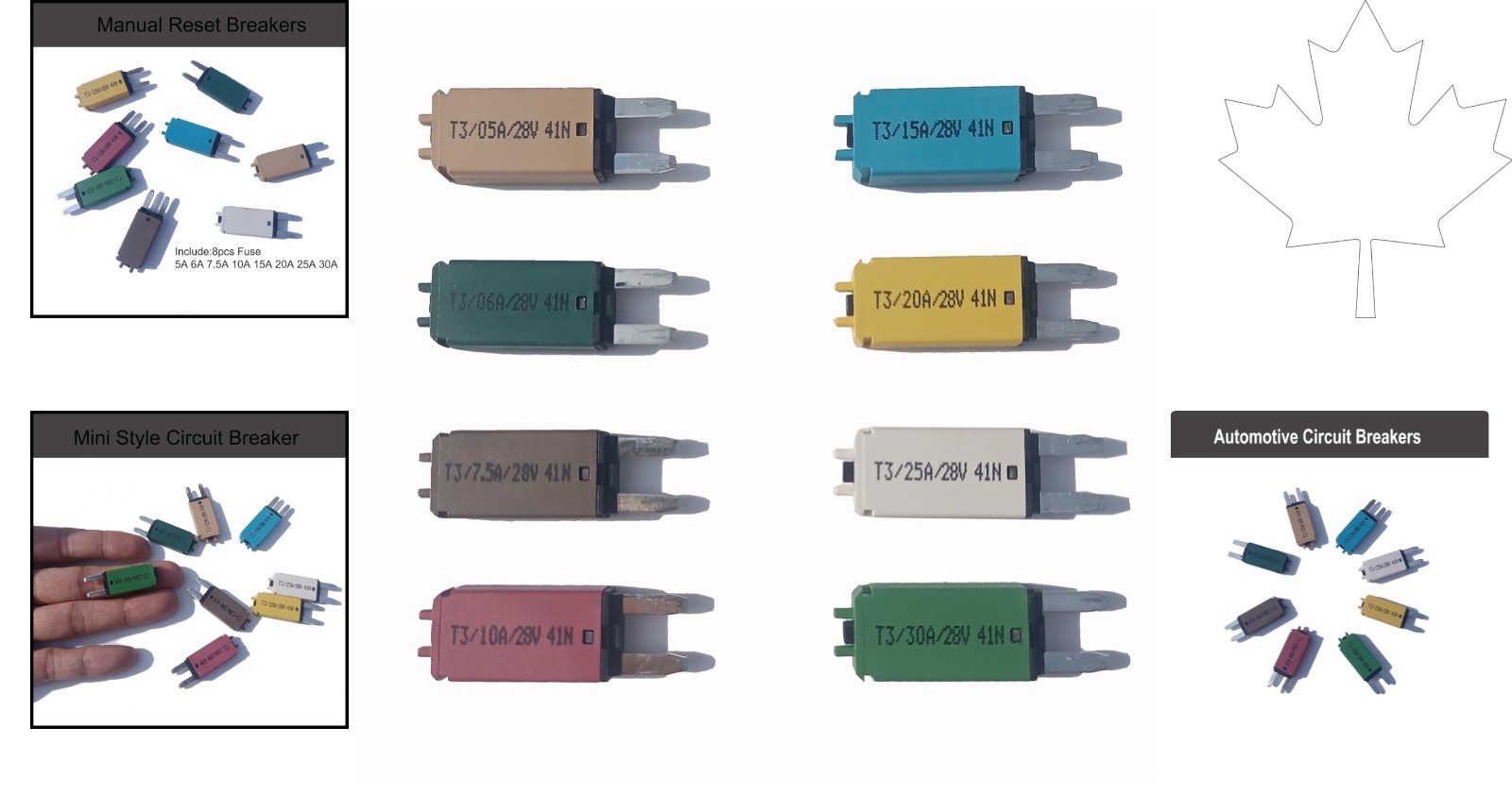 8-Piece 28V DC Circuit Breaker Set – Compact Fuses for Electrical Safety 5A-30A