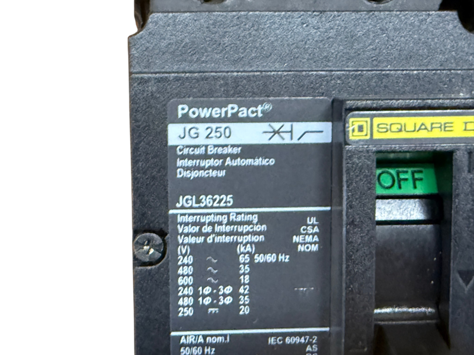 SQUARE D JGL36225 225A 3-POLE 600V J-FRAME POWERPACT J 35KA@480V CIRCUIT BREAKER