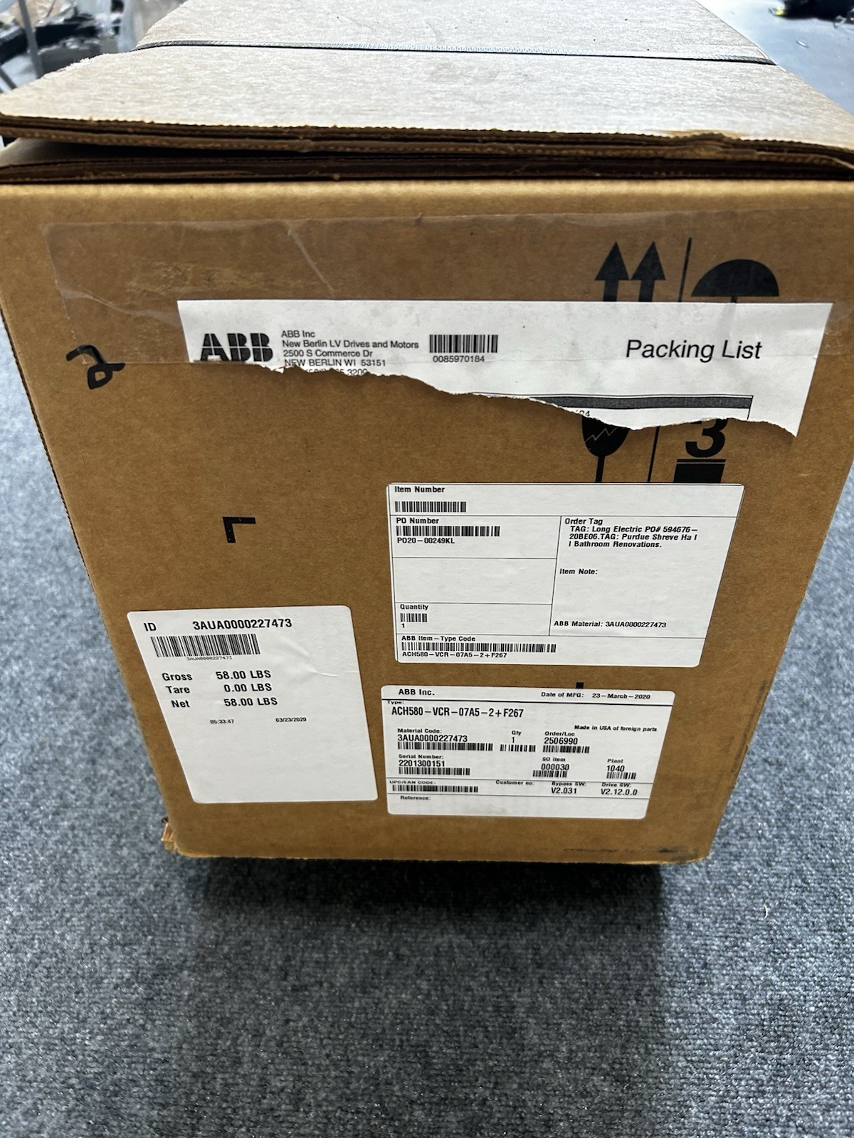 ABB DRIVE TYPE ACH580-VCR-07A5-2+F267 (New)