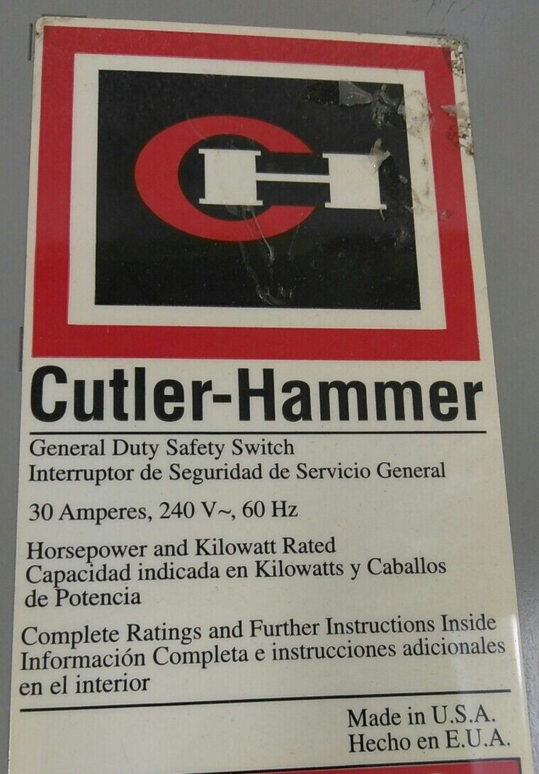 CUTLER HAMMER/DISCONNECT/SWITCH/ DG321NGB/30A/3P /240V/R1-INDOOR/FUSIBLE(B33D2