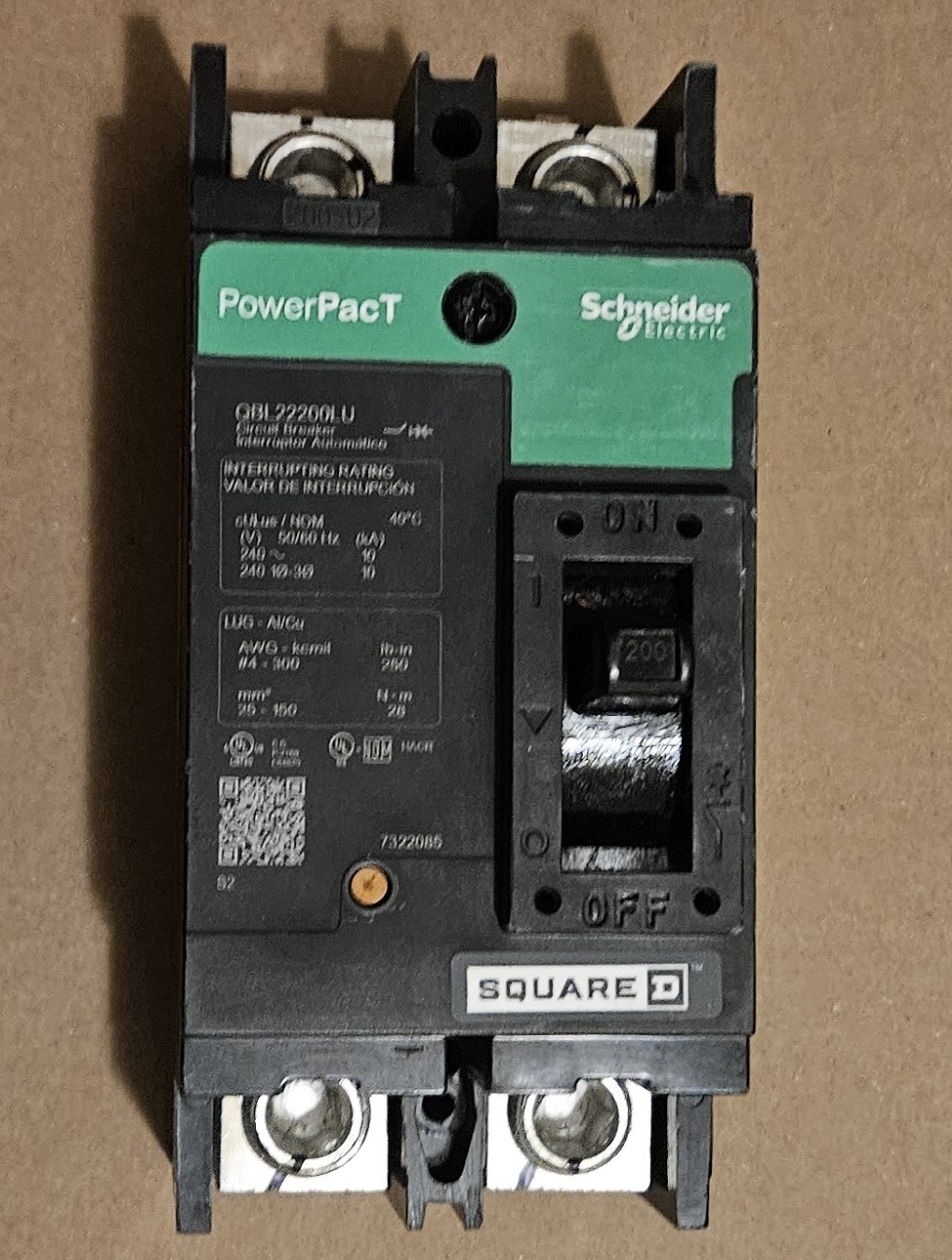 SQUARE D POWERPACT QB 200AMP 2-POLE 240V MAIN CIRCUIT BREAKER QBL22200LU
