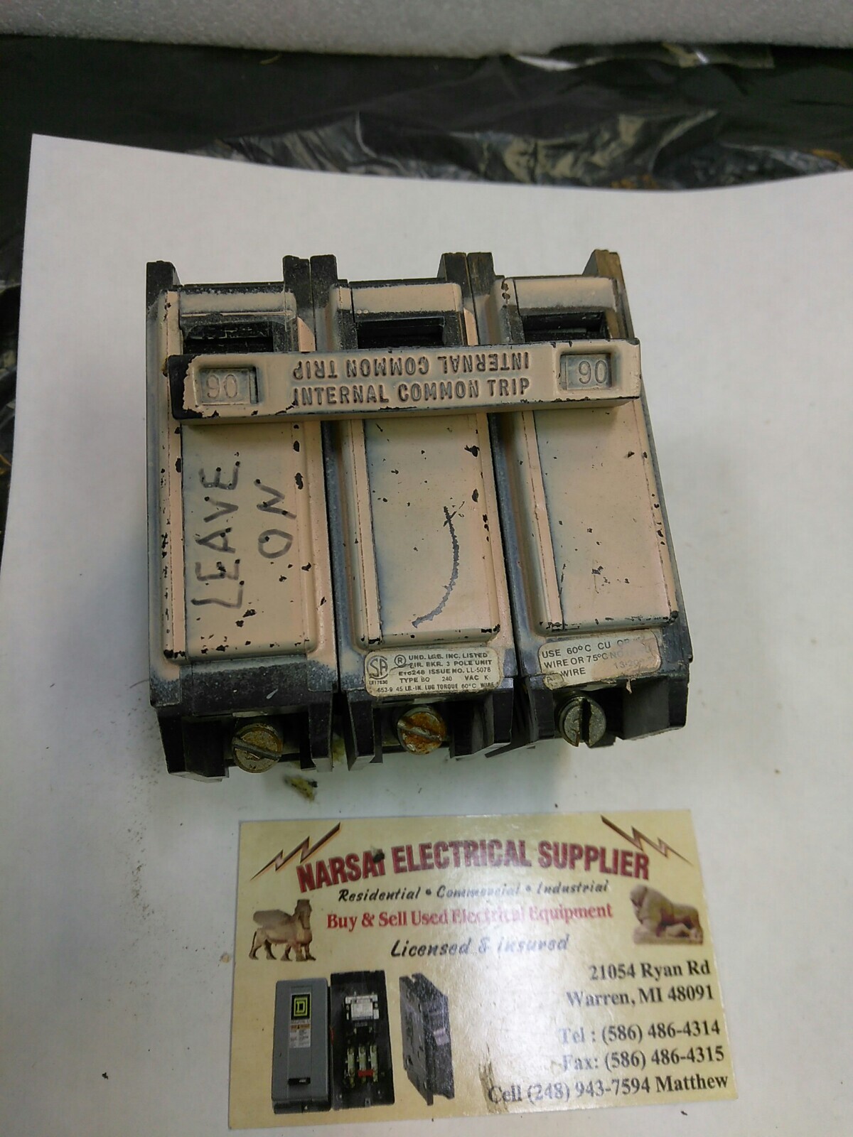 GTE Sylvania Type BQ 3 Pole 90Amp 240VA BOLT-ON GROVE Circuit Breaker(31C1