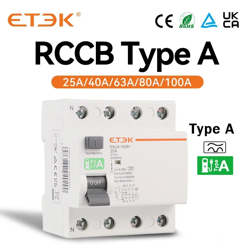 ETEK Type A RCD RCCB Electromechanic Residual Current Circuit Breaker 30ma 2 Pol