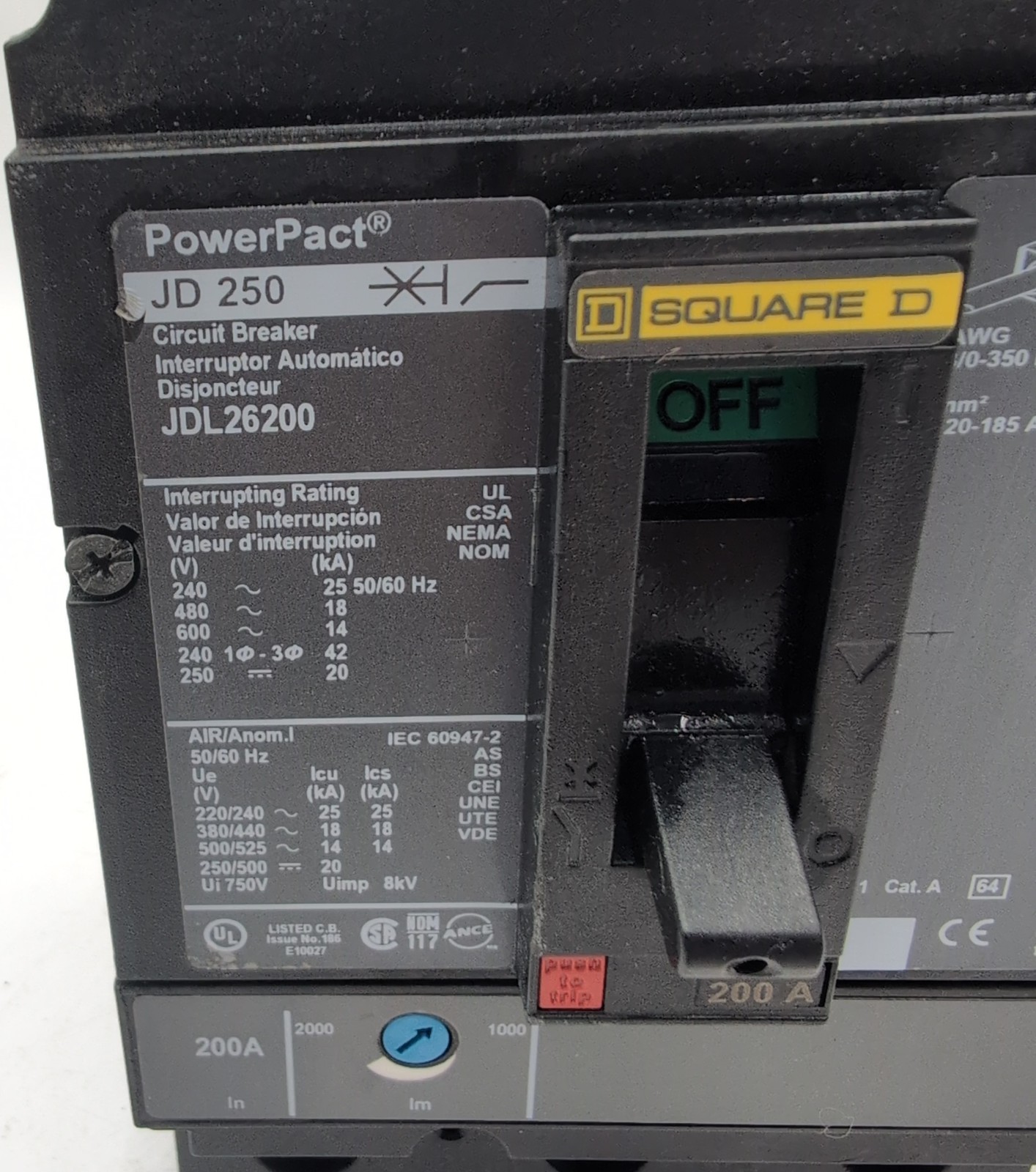 Square D JDL26200 Circuit Breaker 200A 2P 600V JDL 200 Amp 2 Pole