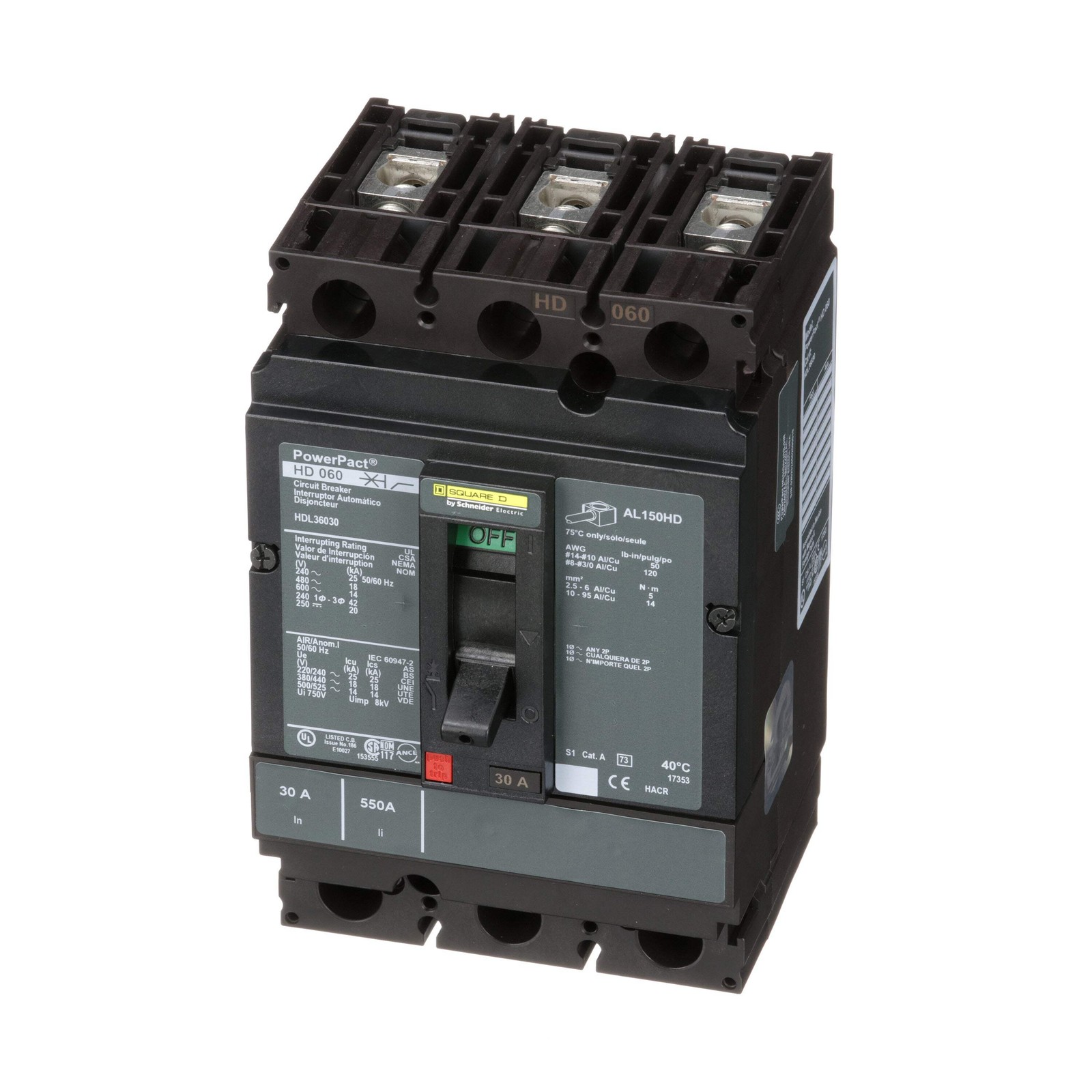 HDL36030 – Square D 30A 600VAC 3 Pole Thermal Magnetic Circuit Breaker PowerPact