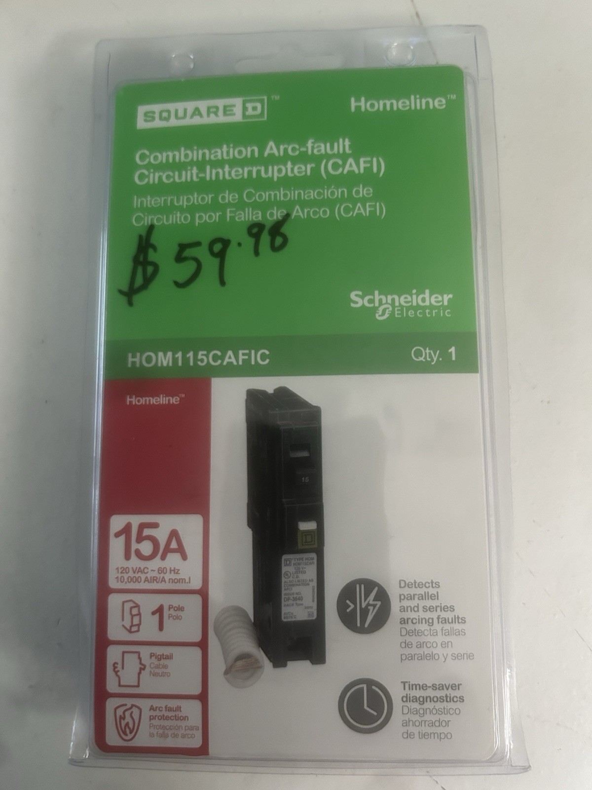 Square D HOM115CAFIC Arc-Fault Circuit Breaker 15A 120VAC 1-Pole