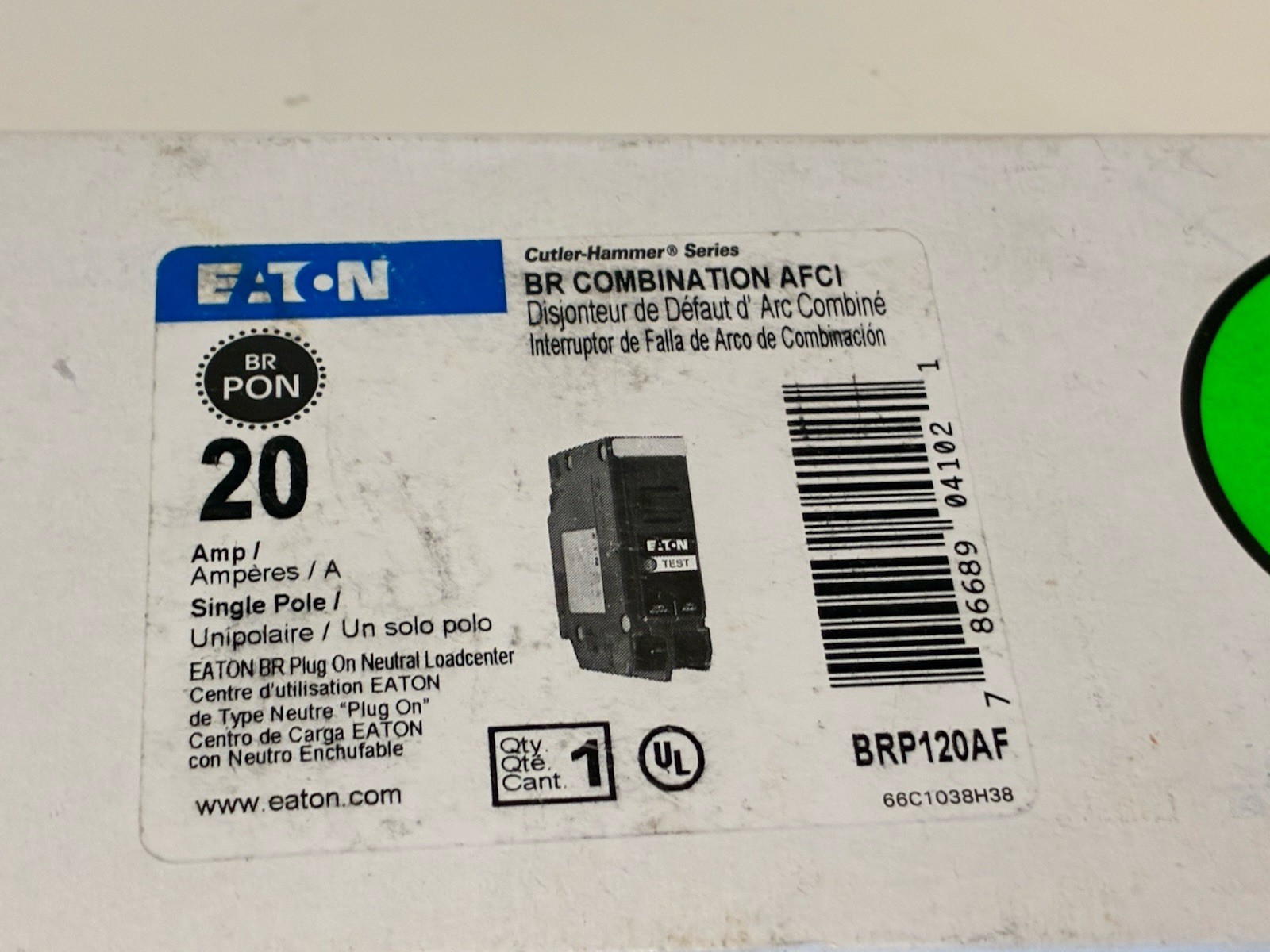 EATON BR COMBINATION AFCI-BRP120AF-SINGLE POLE-120-#14-8 AWG Cu/AI-V-20A-Lot T17