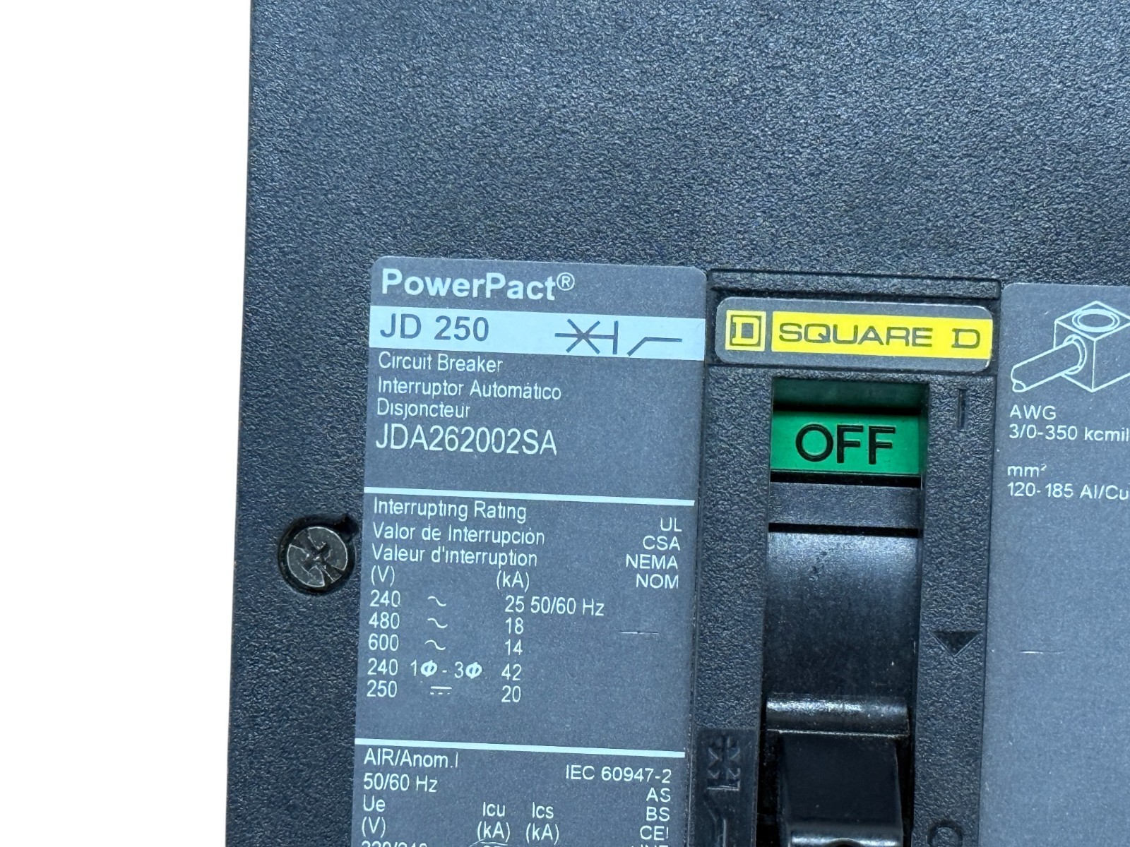 Square D Powerpact JDA262002SA 200A 2-Phase 2-Pole 600V Used Circuit Breaker