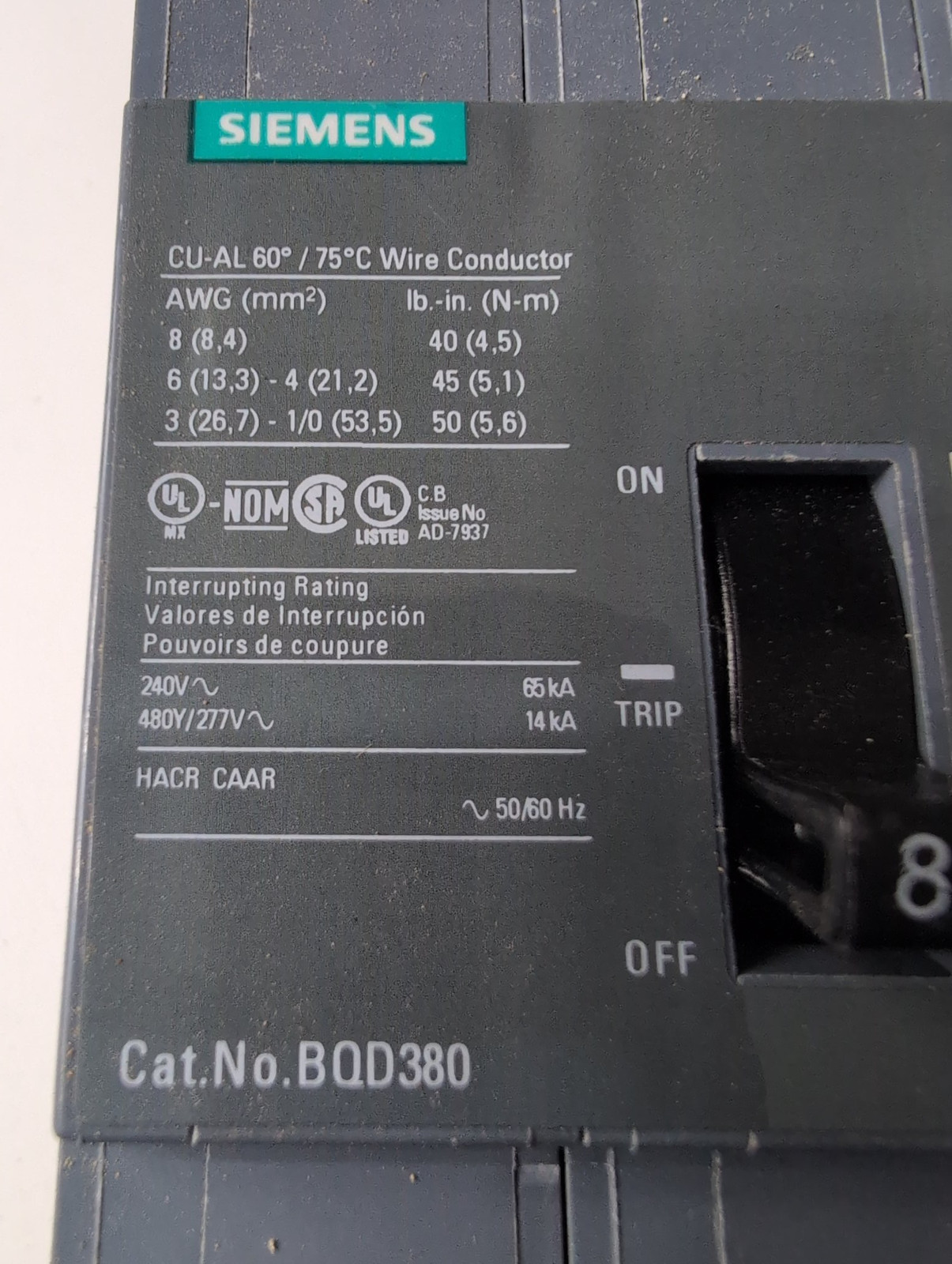 Siemens BQD380 Circuit Breaker 80A 3P 240V 3PH BQD 80 Amp 3 Pole