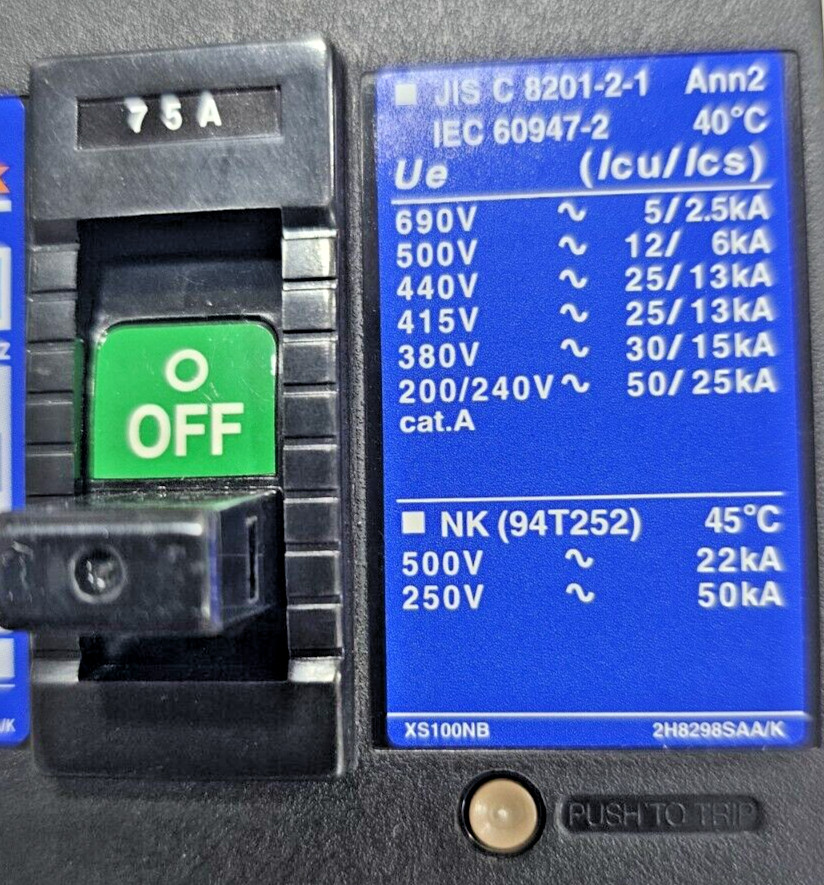 TERASAKI TEMBREAK CIRCUIT BREAKER XS100NB 75A 690V 25KA